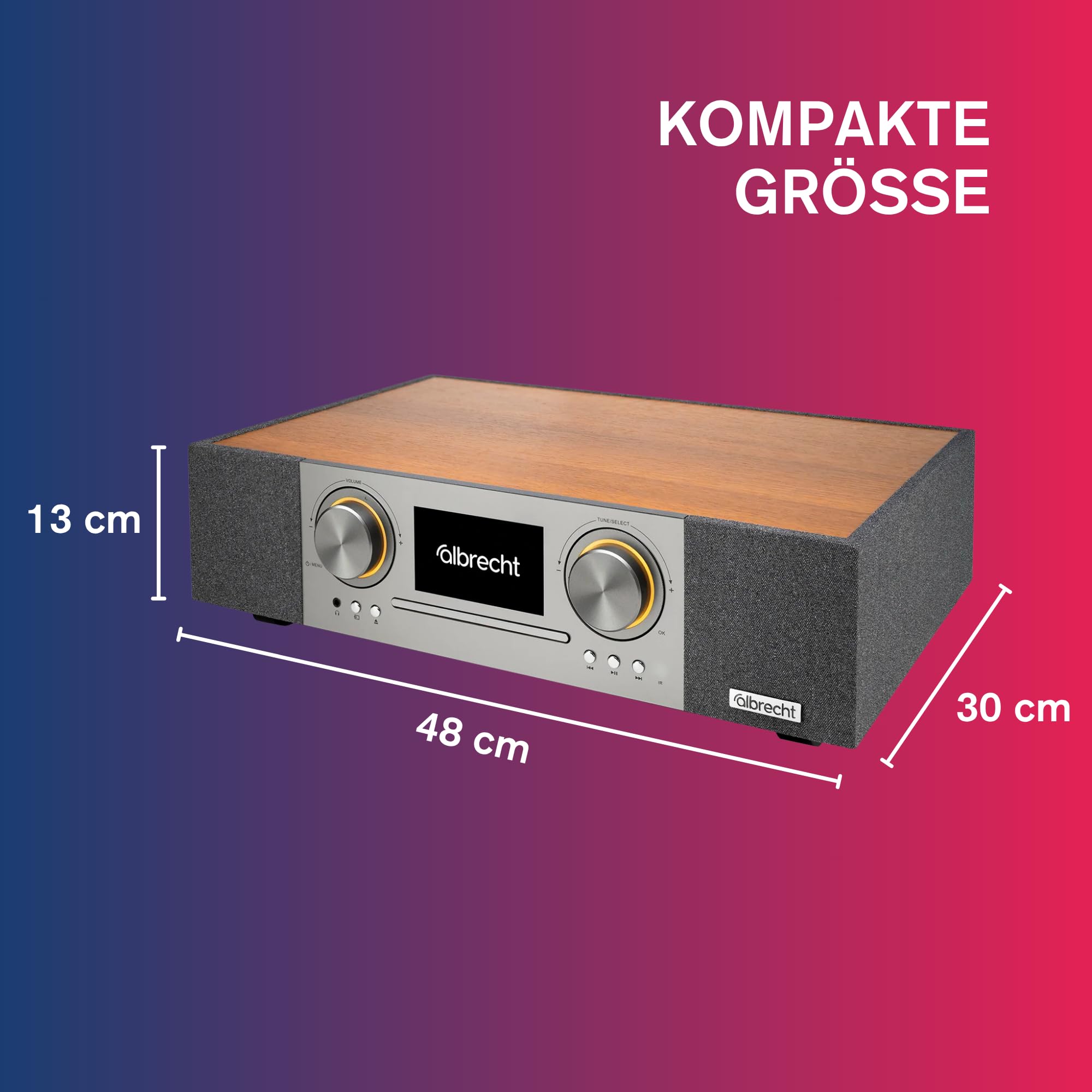 Albrecht DR 1000 All-In-One Soundsystem, Soundbar 2.1 mit 30 Watt Subwoofer, Clear-Voice, Internet-Radio, DAB+, CD-Player, Musik-Streaming, HDMI, braun/grau