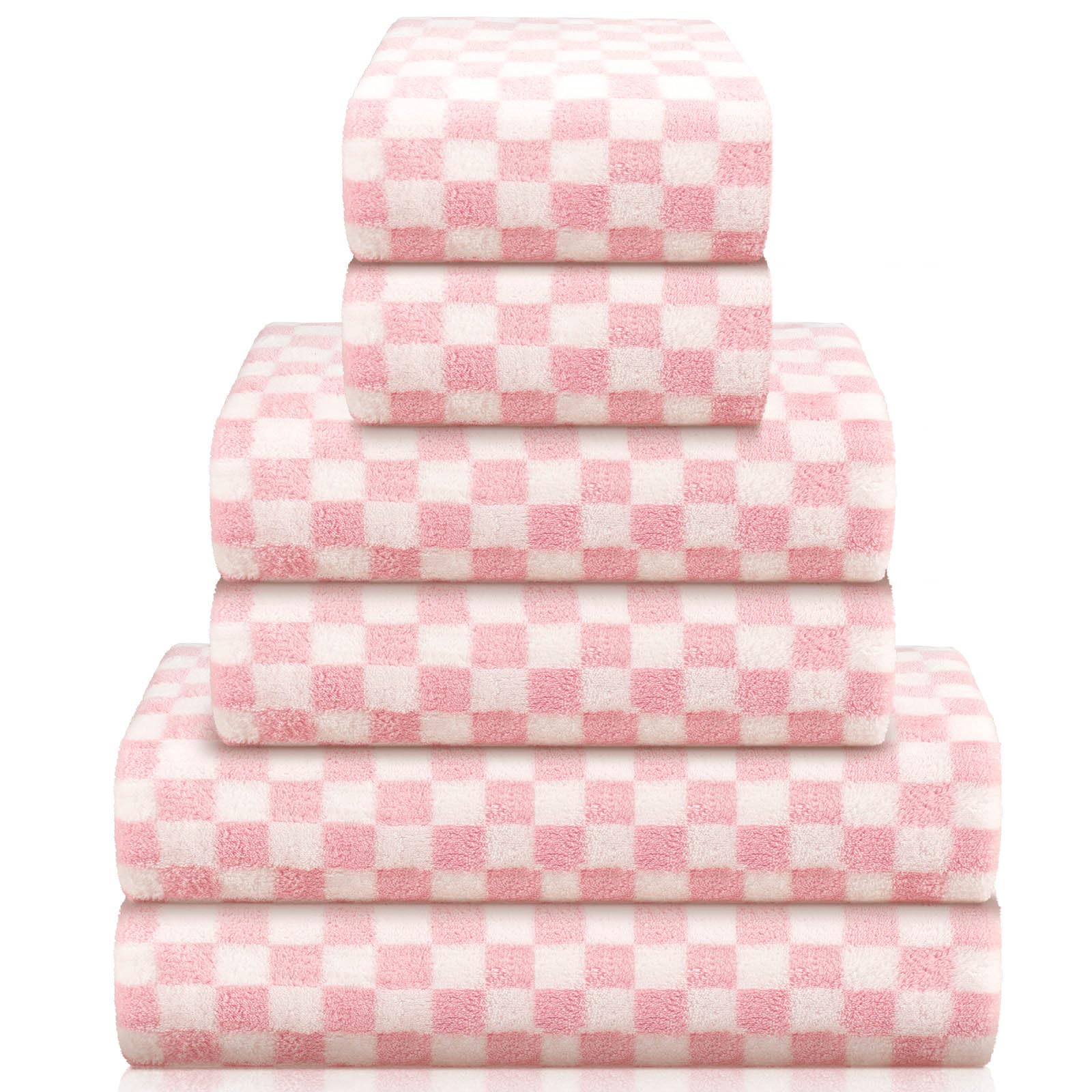 Kinlop 6 Pcs Checkered Bath Towels Set Coral Washcloth Soft Fleece Quick Dry Patterned Hand Towel for Bathroom Back to School Gym Spa Beach