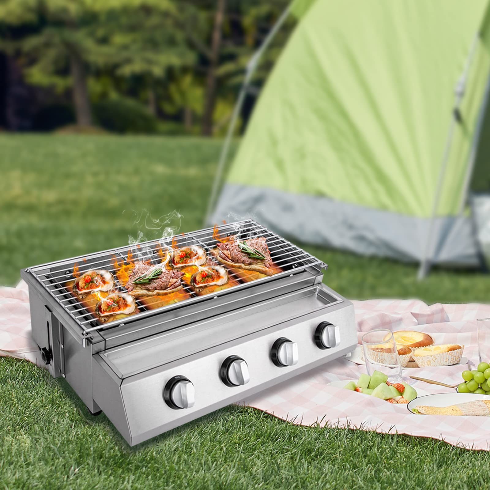 Barbecue a gas da campeggio, 4 fuochi, barbecue da tavolo, a gas, in acciaio inox, con griglia rimovibile, per balcone, patio, giardino (58 x 40 x 20 cm)