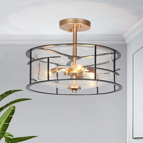 ZEVNI Moderna lámpara de tambor, lámpara de techo semiempotrada de 3 luces de montaje negro dorado con pantalla de vidrio sembrado para dormitorio,