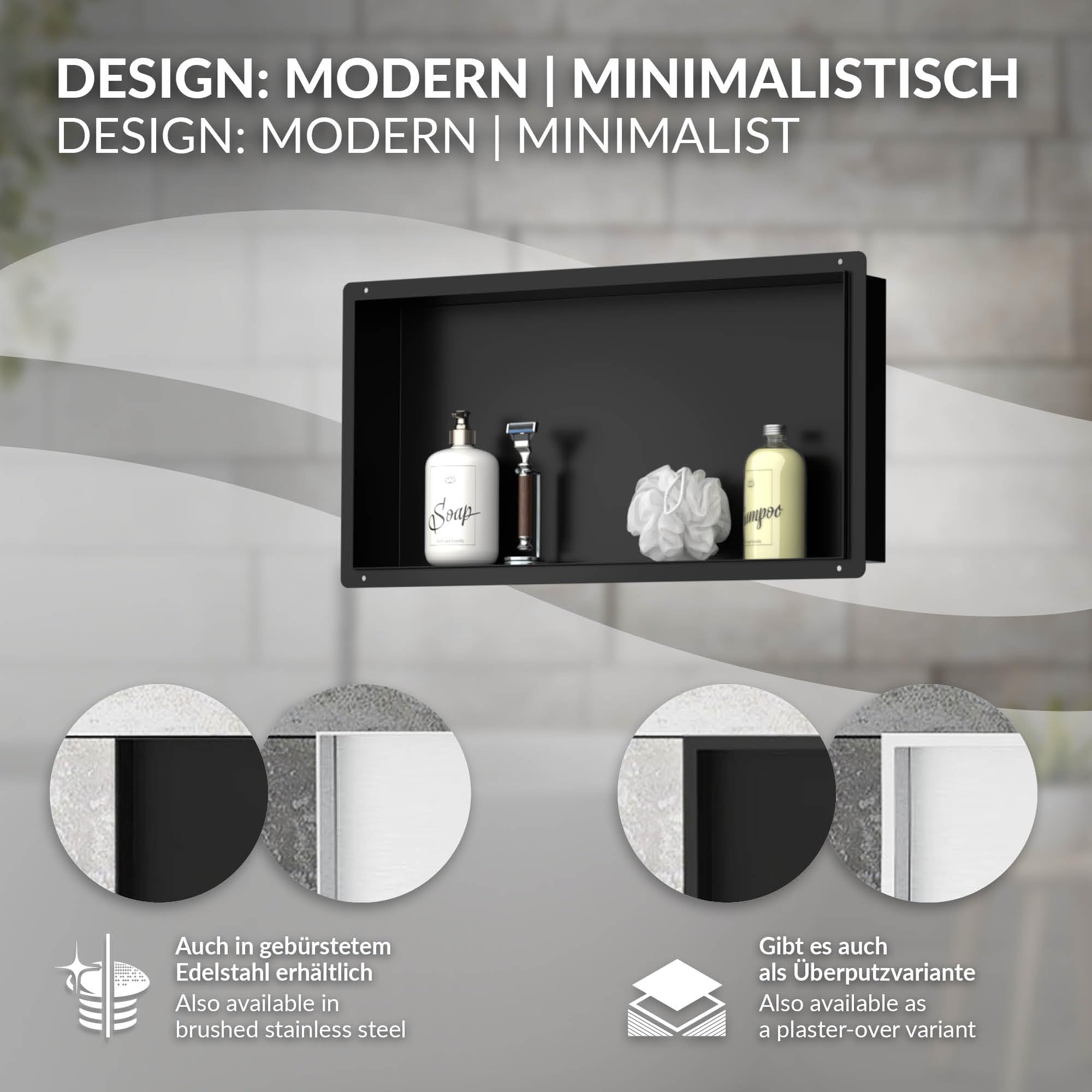 LuxeBath Nicho de Ducha de Acero Inoxidable 60x30x10cm cm Negro Marco de Pared Empotrado Alicatable Estante Integrado Instalación Flexible para Almacenamiento Organizador de Utensilios para Baño