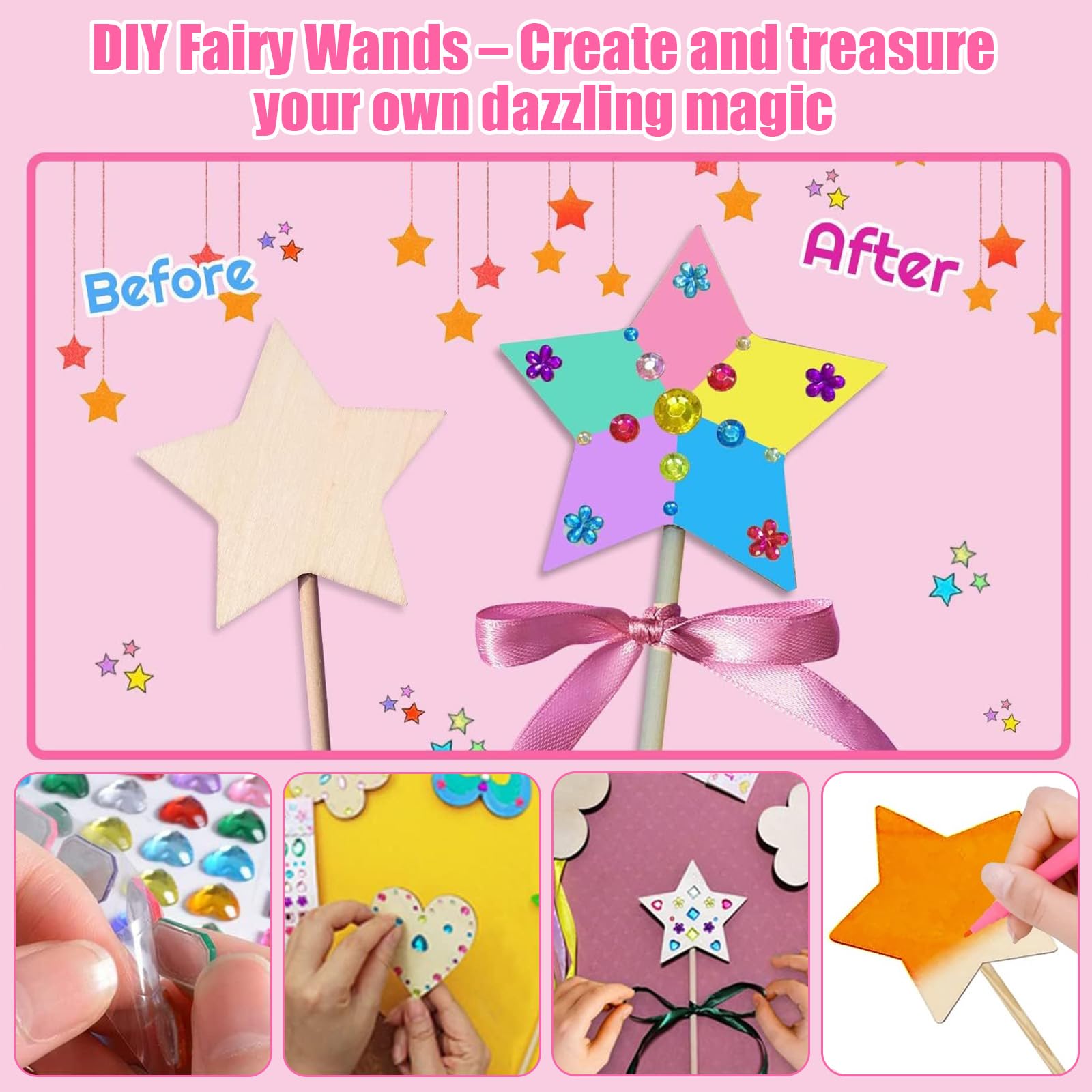14 Sets Fairy Wand Craft Kit, Wooden Princess Fairy Wands Kit, DIY Magical Wand - Image 3