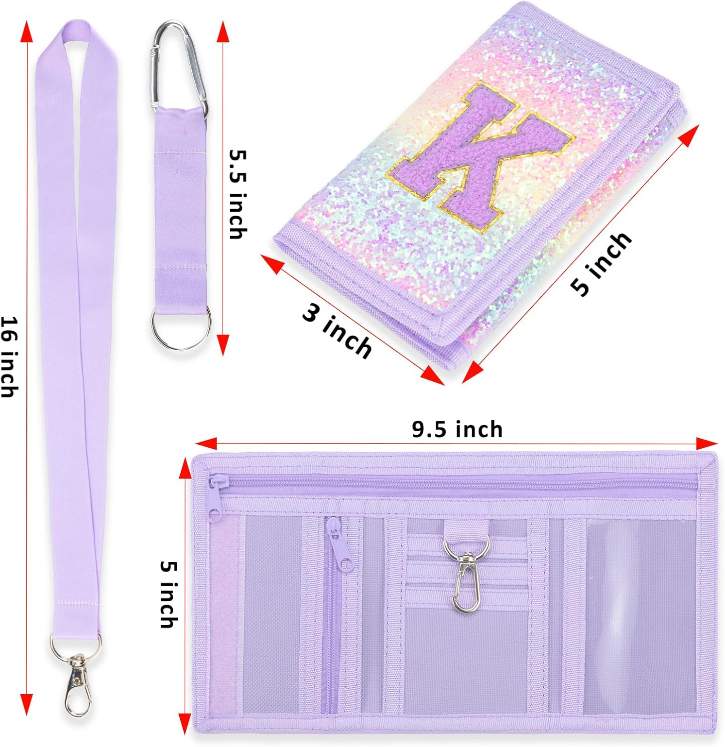 Girls Wallet for Kids Initial Glitter Wallets Trifold with Zipper and Card Slots Including Neck Lanyard and Hanging Strap, Pink Purple, K - Image 5