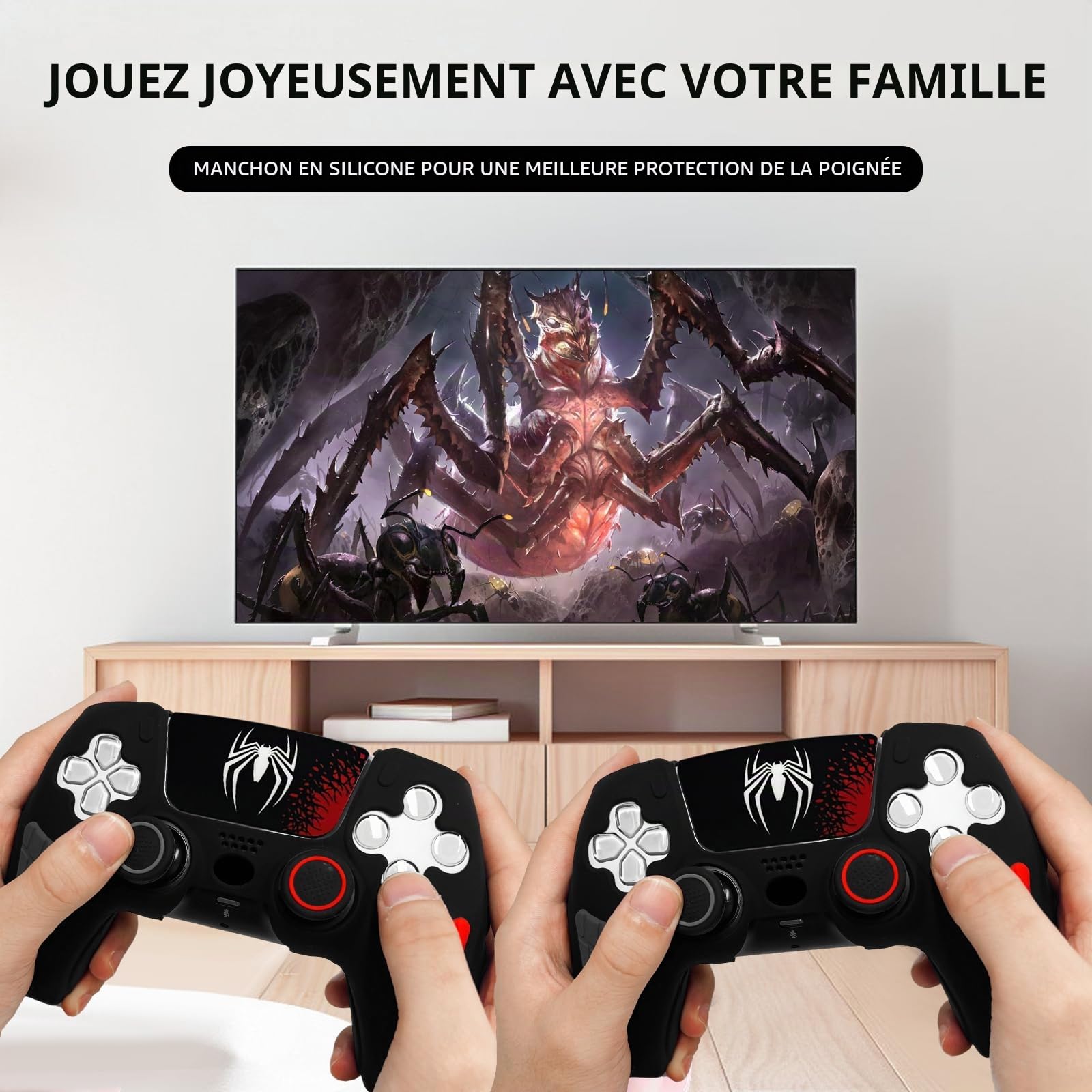 Skin antidérapant pour manette PS5 araignée noire, coque de protection en silicone souple et épaisse compatible avec manette PS5/Slim/Pro avec 2 capuchons de pouce, protections de joystick