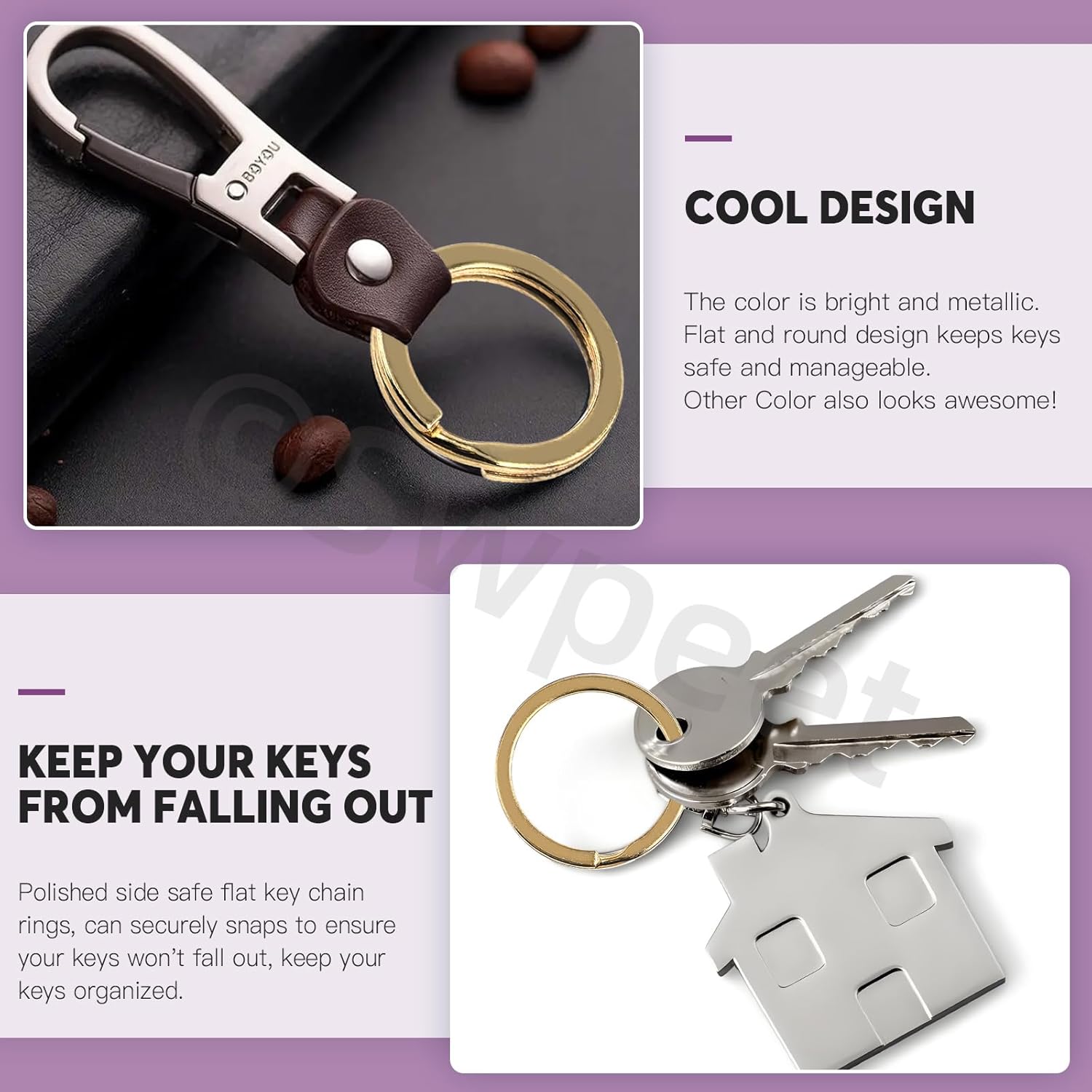 Swpeet 60 Pcs Gold Assorted Multi-Purpose Metal Keychain Rings Split Keyrings Flat O Ring for Home Car Keys Attachments Keys Pendants - 20mm, 25mm, 30mm, 35 mm, 38 mm