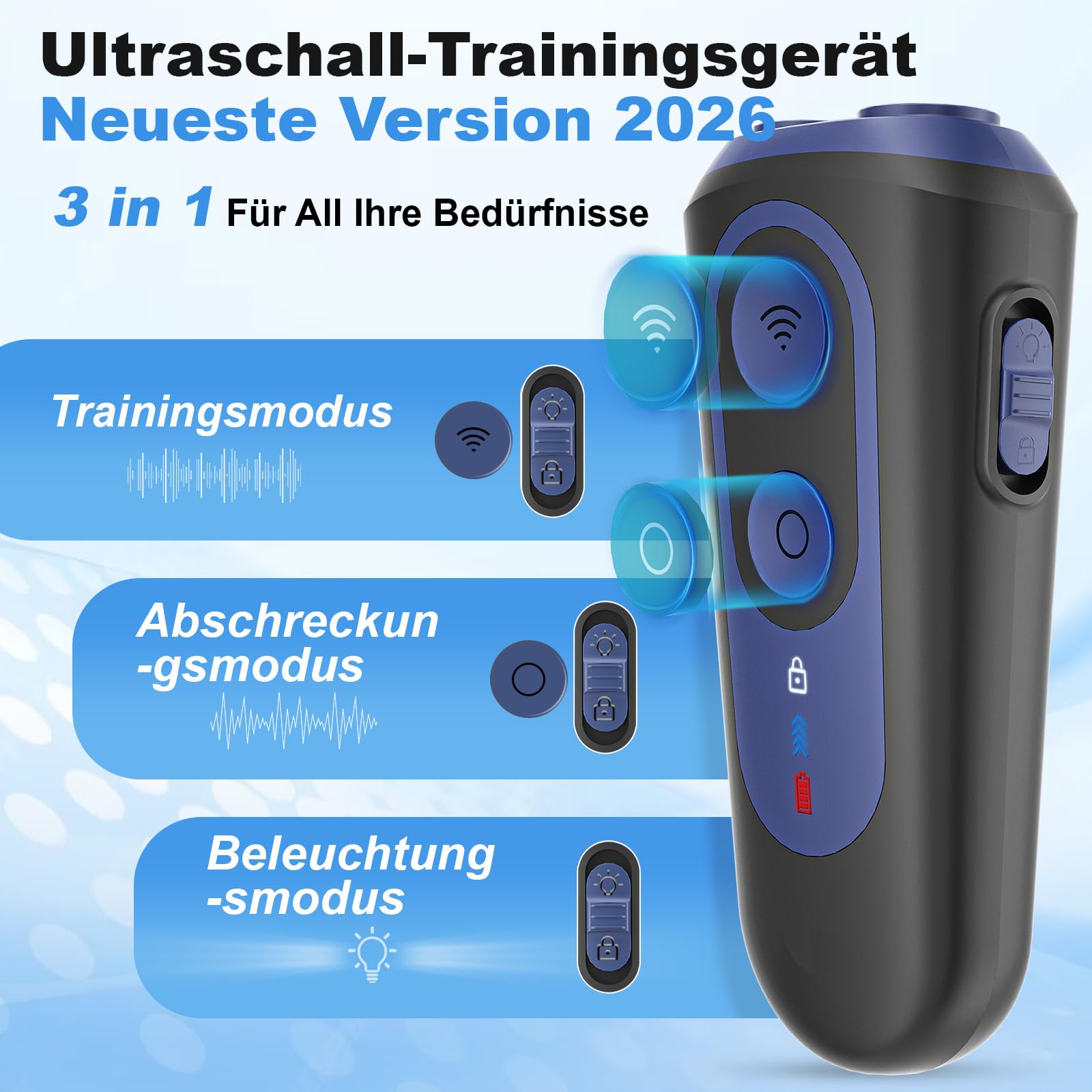 Anti-Bell Gerät für Hunde, Ultraschall 3 Modi Hundetrainingsgerät bis 15 m Reichweite, Tragbarer Bellerstopper ohne Schock, Harmloses Hundetraining mit Taschenlampe, Wiederaufladbar für Innen & Außen