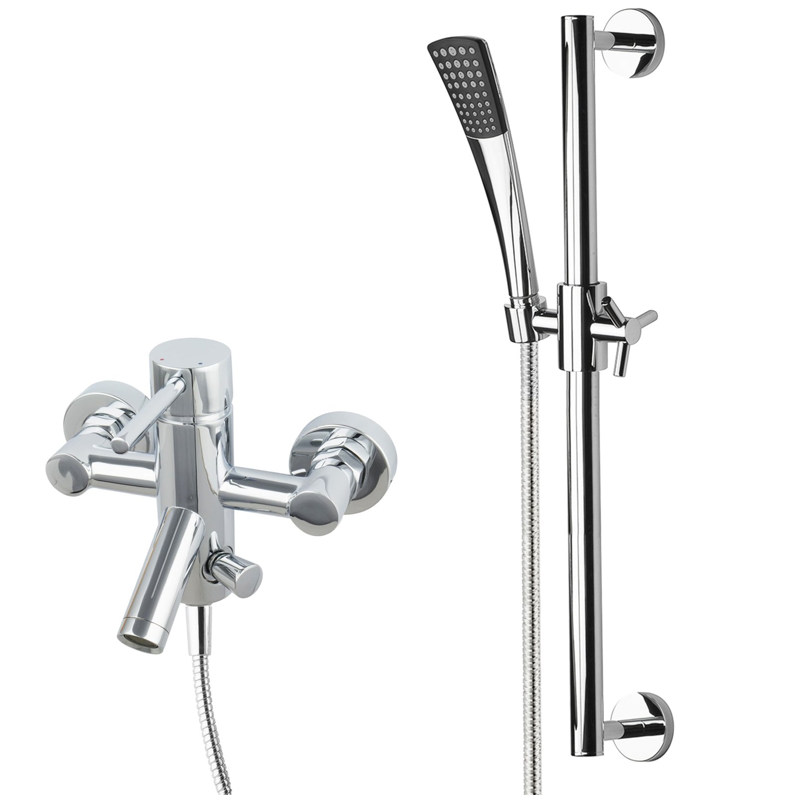 Set da bagno con miscelatore a 2 vie, asta doccia 70 cm, doccetta e tubo doccia 160 cm, ottone cromato, montaggio a parete
