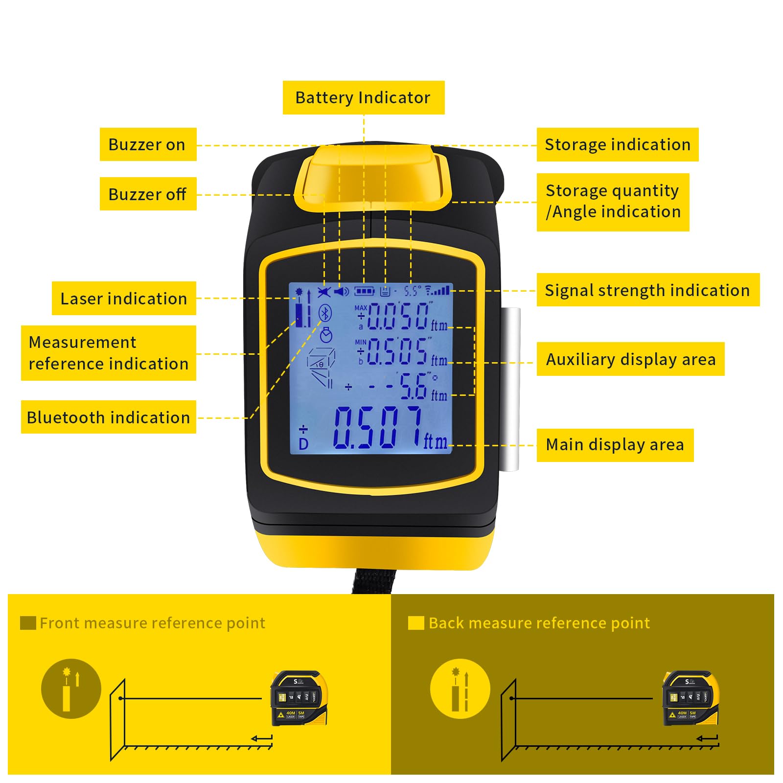 Cinta métrica láser, 2 en 1, medidor de distancia láser digital con pantalla LCD y dispositivo de autobloqueo, herramienta de medición láser recargable de 40 m y cinta métrica de 5 m,