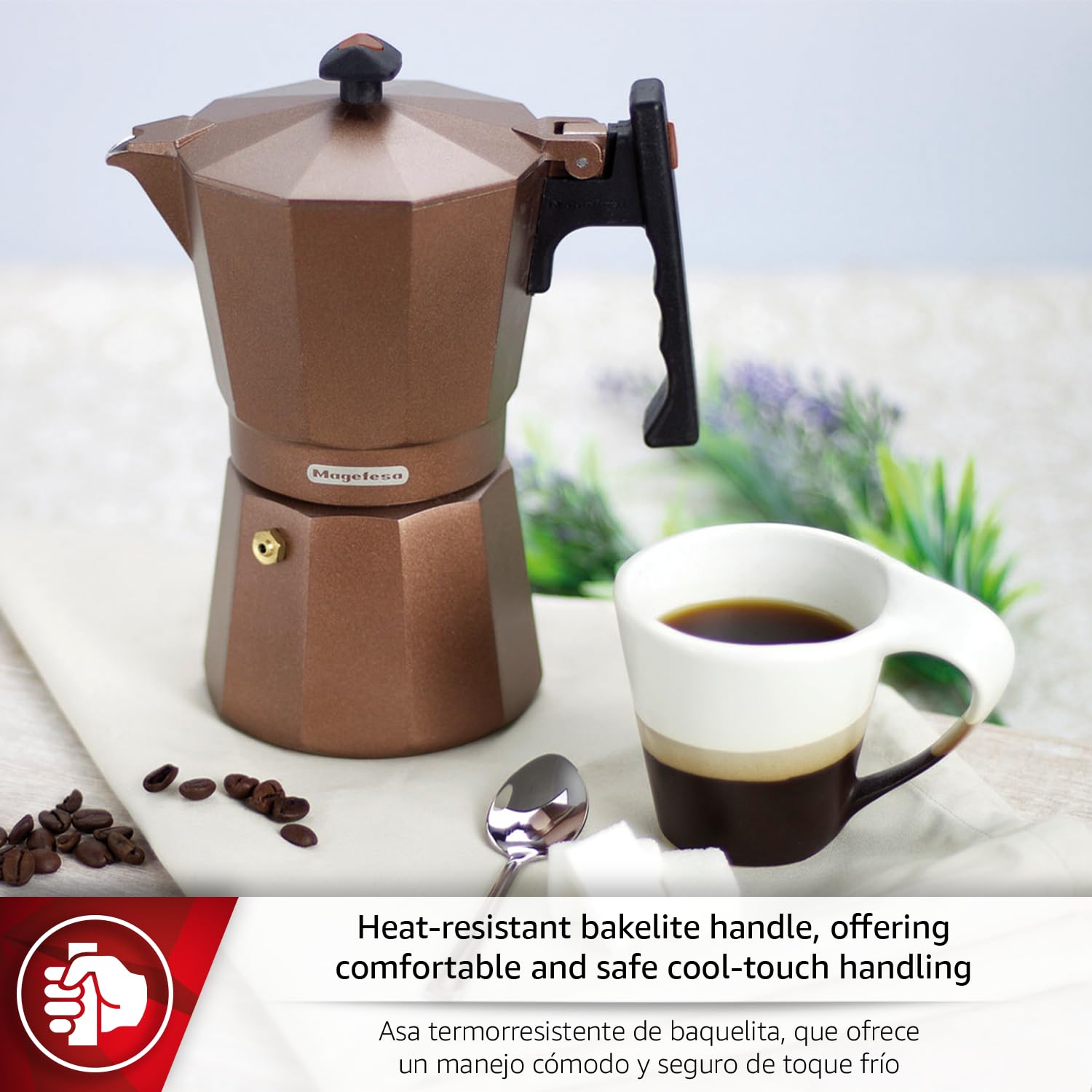 MAGEFESA Jamaica Brown Herdplatte Espresso Mokkakanne, 9 Tassen/425.2 g, italienische Kaffeemaschine für kubanischen Kaffee, extra dickes Aluminium, hitzebeständiger Griff, geeignet für Induktion