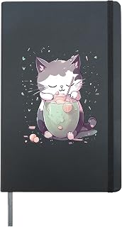 Cat Boba Tea kawaii Kitty Bubble Tea Anime Hardcover Journal, Black
