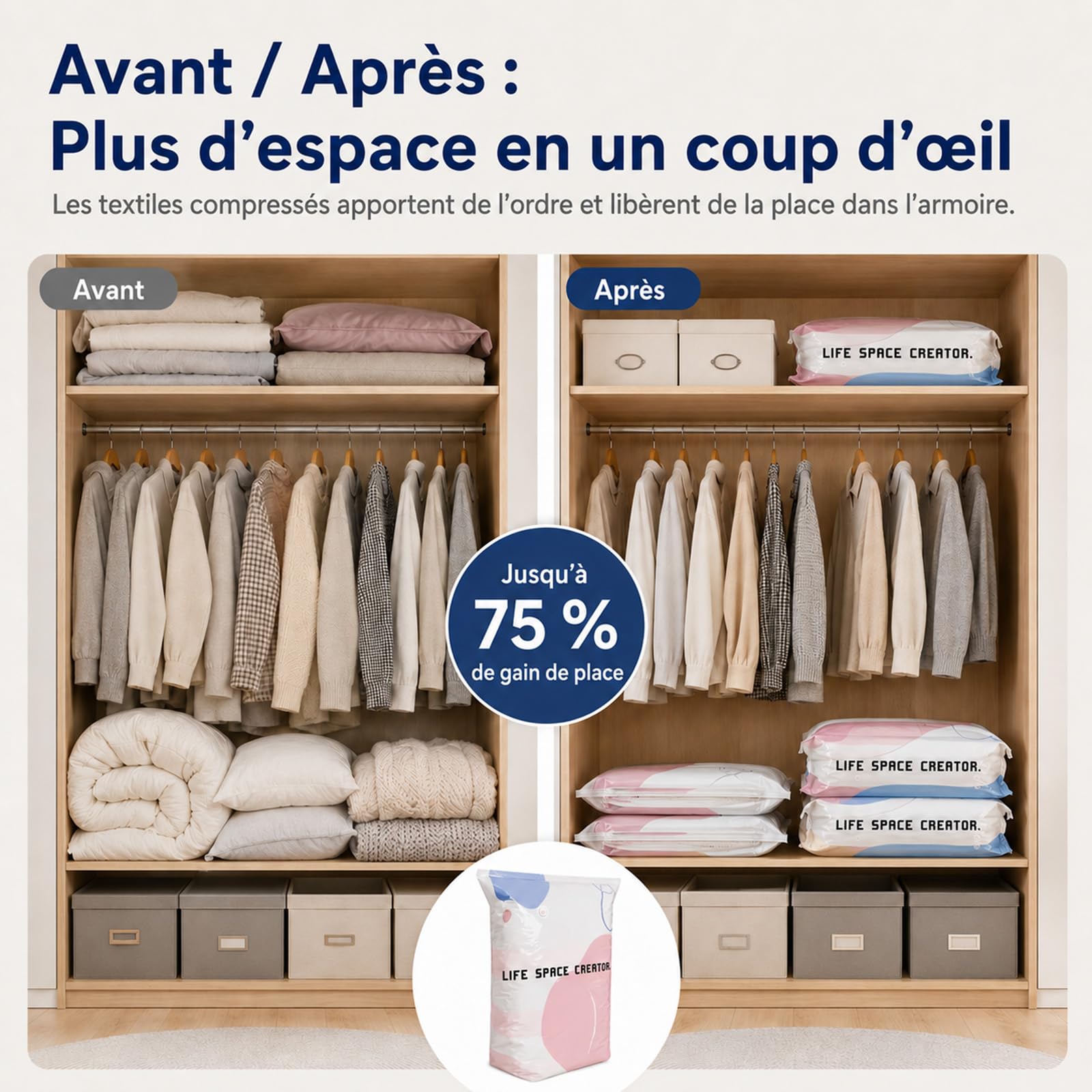 Life Space Creator Vacuum Storage Bags Without Pump,100 * 80 * 30cm (8) | Design 3D autoportante per un utilizzo semplice con una sola mano, chiusura ermetica ideale per vestiti, coperte e viaggi.