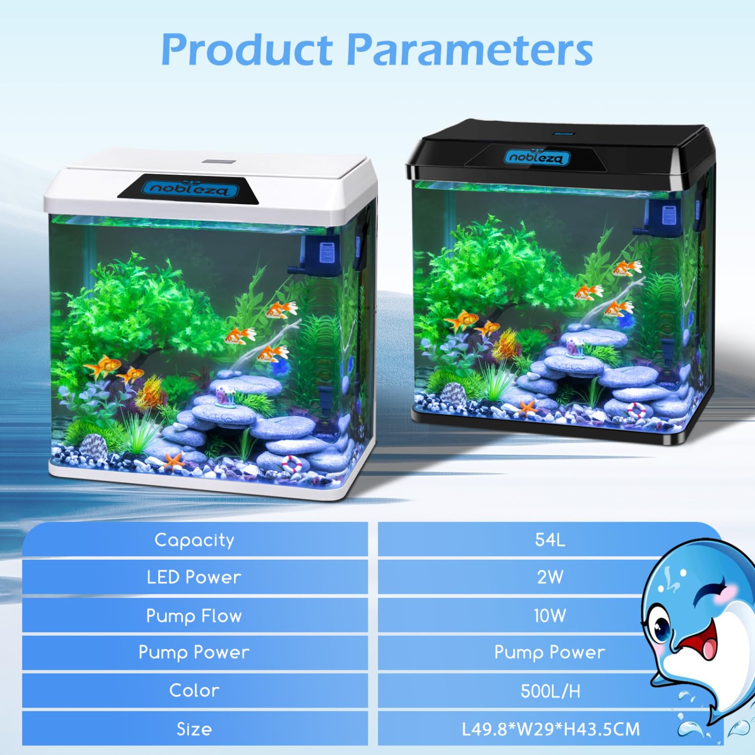 Nobleza - 54L Petit Aquarium Complet avec Système de Filtration Intégré et Éclairage LED, Noir, Aquariums d'Entrée de Gamme