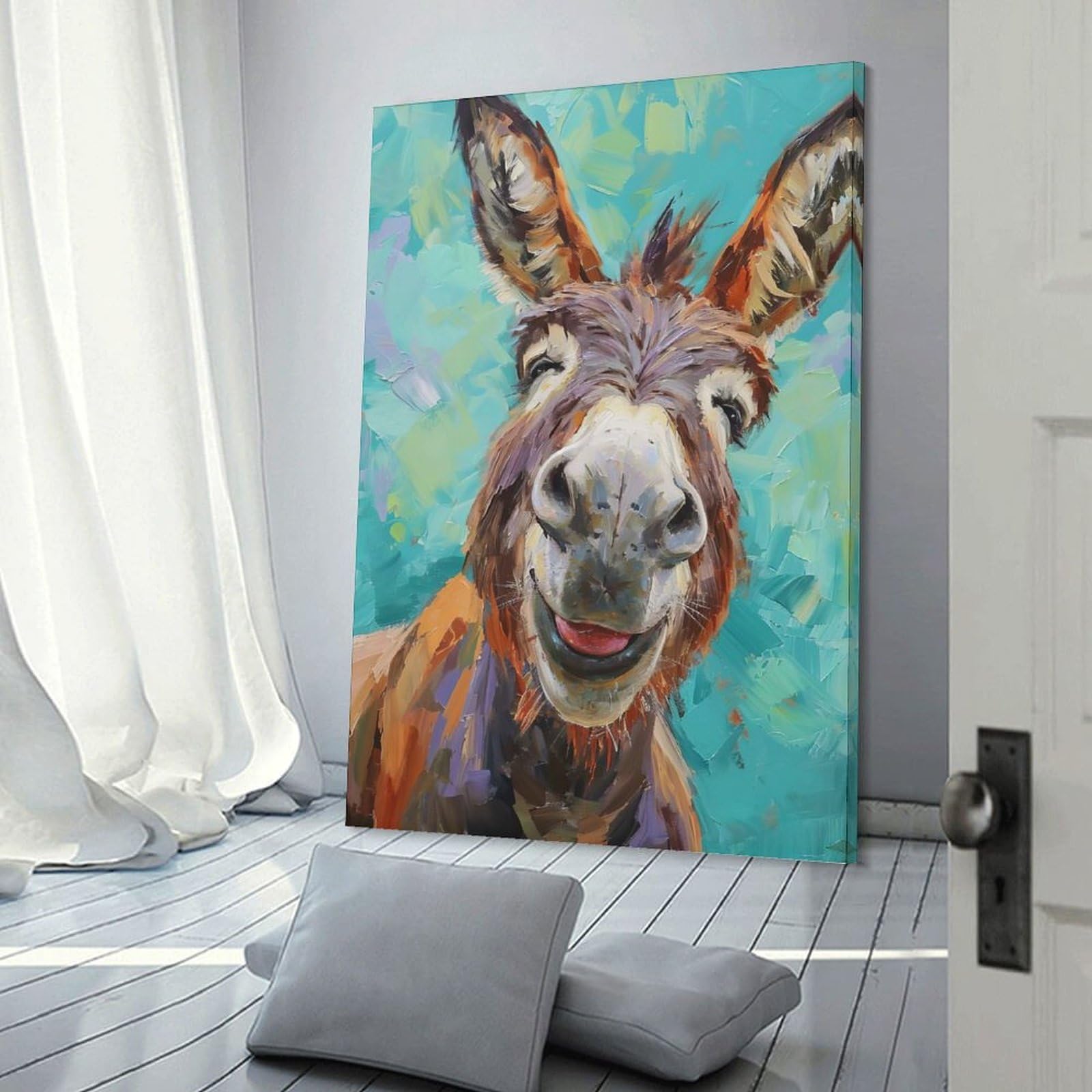 Junmoney Frame-Style-8 Smiling Donkey Painting Wall Decor Canvas Print, 24X36inch(60X90cm), For Lounge, Bedroom Or Personal Spaces, Thoughtful Wall Decor For Art Lovers