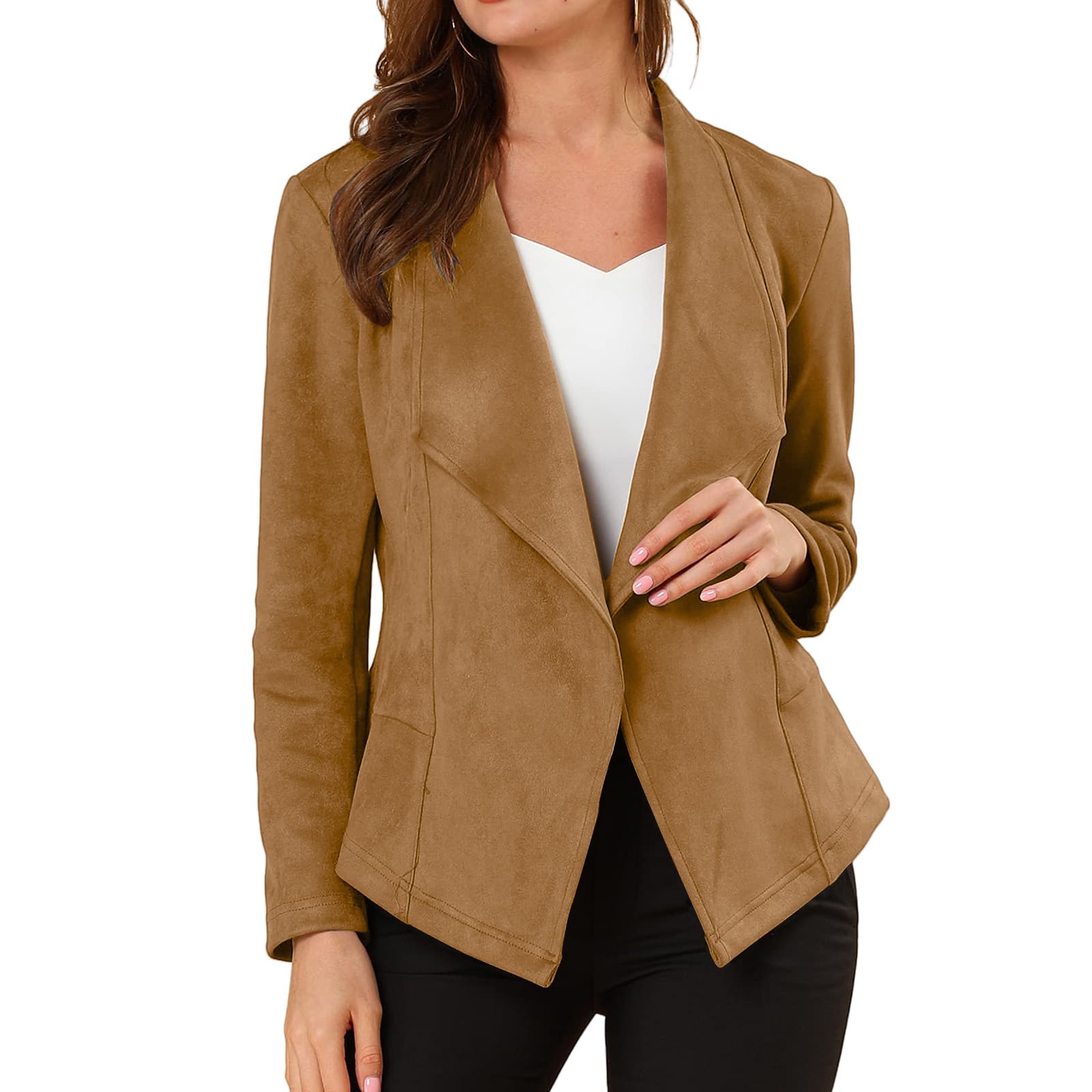 Womens Faux Suede Jacket Lapel Draped Open Front Blazers Long Sleeve Cropped Cardigan Casual Trendy Blazer