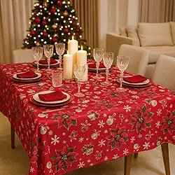 Toalha de Mesa Natalina, Poinsétia e Flocos de Neve, 6 Lugares, Decoração de Natal (Natal Verde)