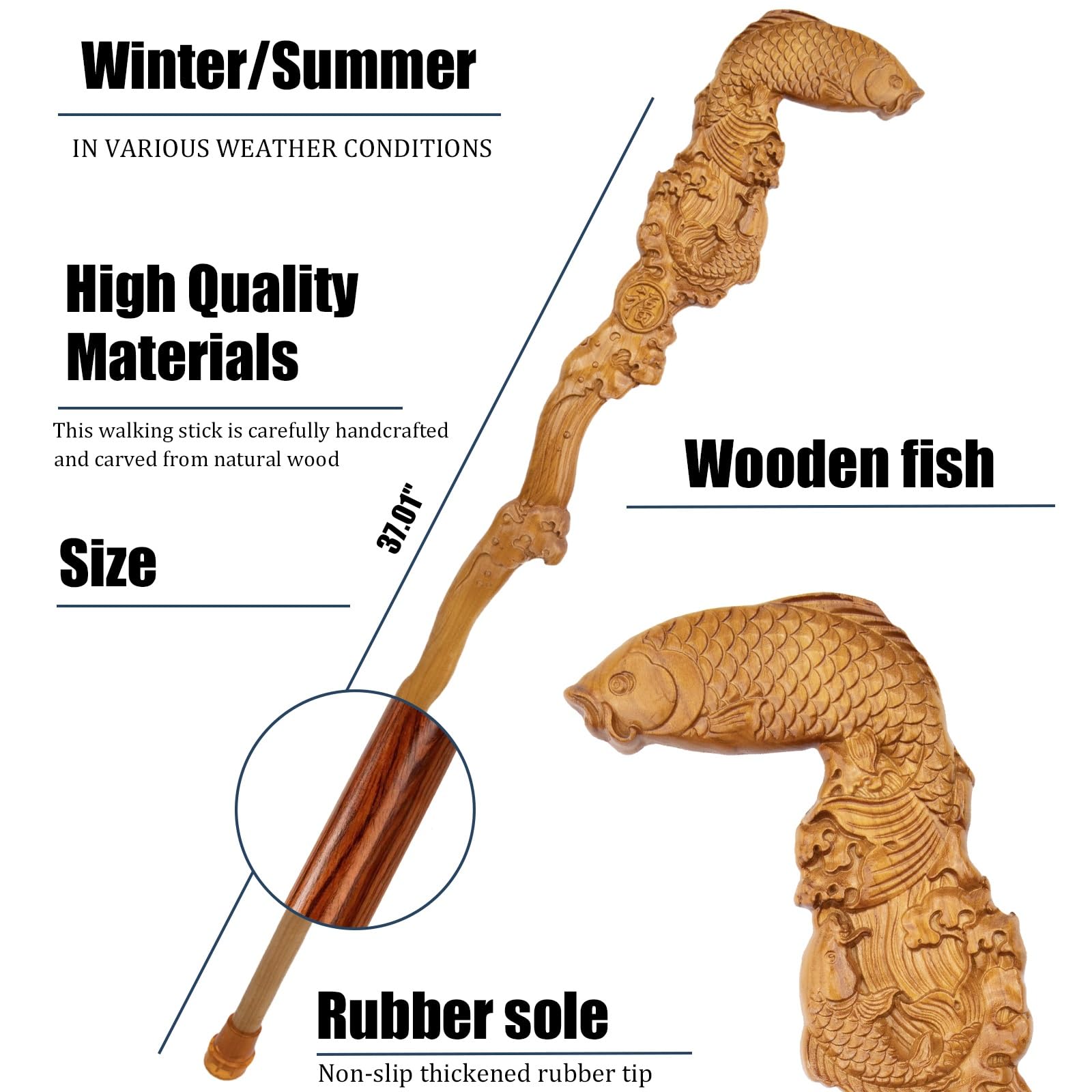 Bastoni da Passeggio a Forma di Pesce In Legno, con Impugnatura Ergonomica e Punta In Gomma Antiscivolo Bastone Decorativo di Lusso Cospaly per Uomo e Donna 94 Cm