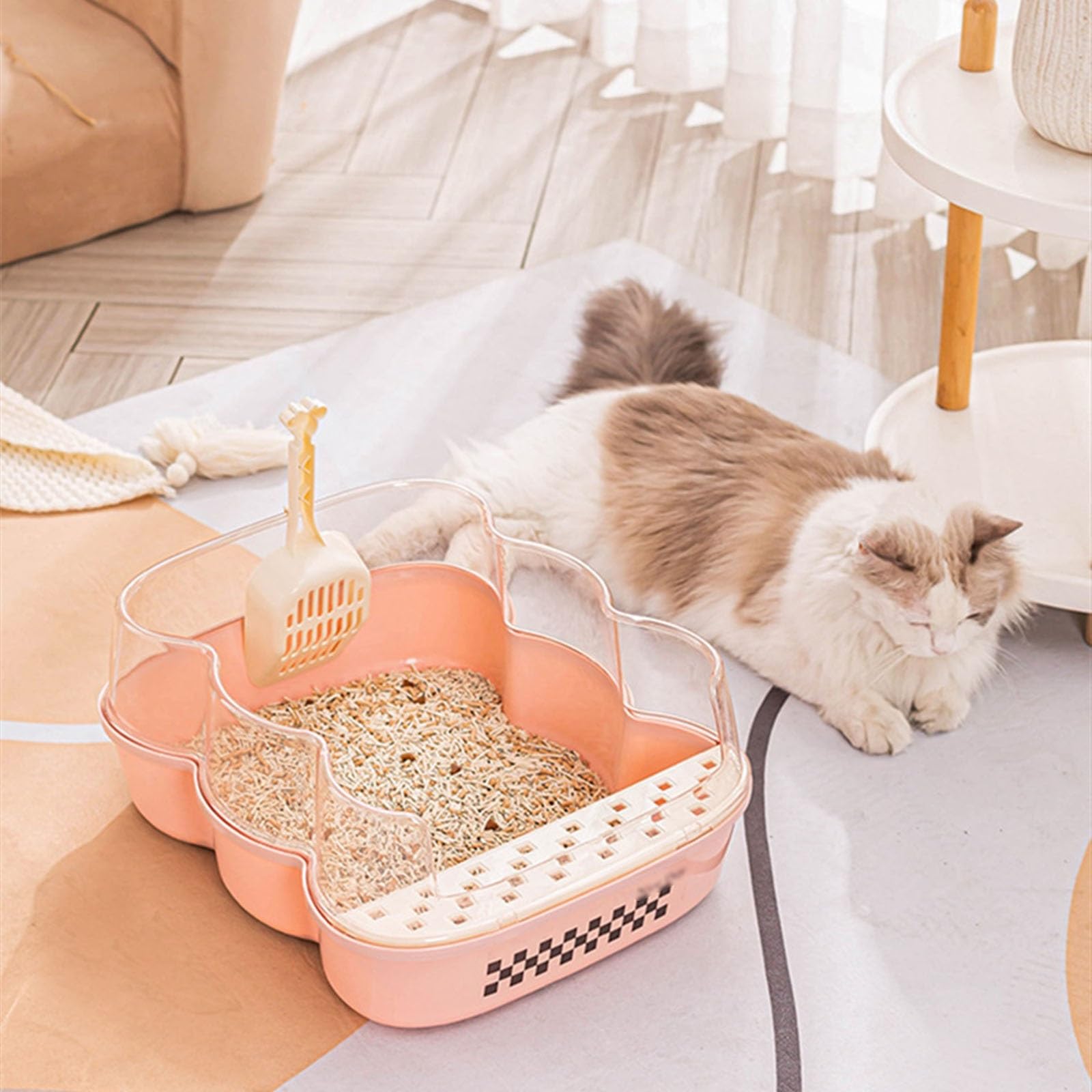 Lettiera per Gatti Lettiera semi-chiusa, lettiera aperta for gatti, lettiera extra large anti-schizzi con sportello trasparente e paletta for setacciare la lettiera Toilette per Gatti(Beige,Piccolo)