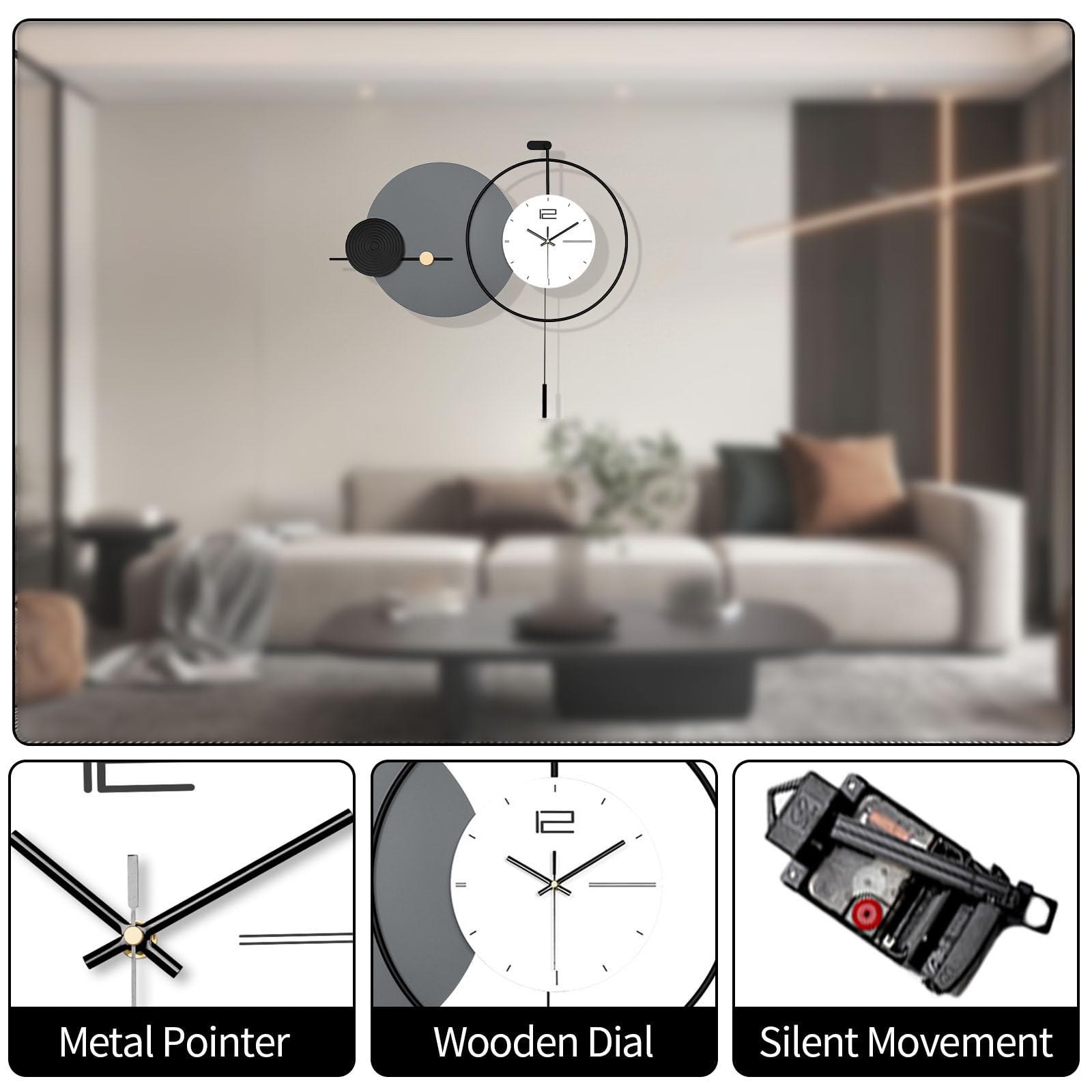 Große Wanduhr, Stille Wanduhren für Wohnzimmer Dekoration, Minimalistisch Modern Wanduhr mit Pendel, Batteriebetrieben für Schlafzimmer Küche Büro Haus