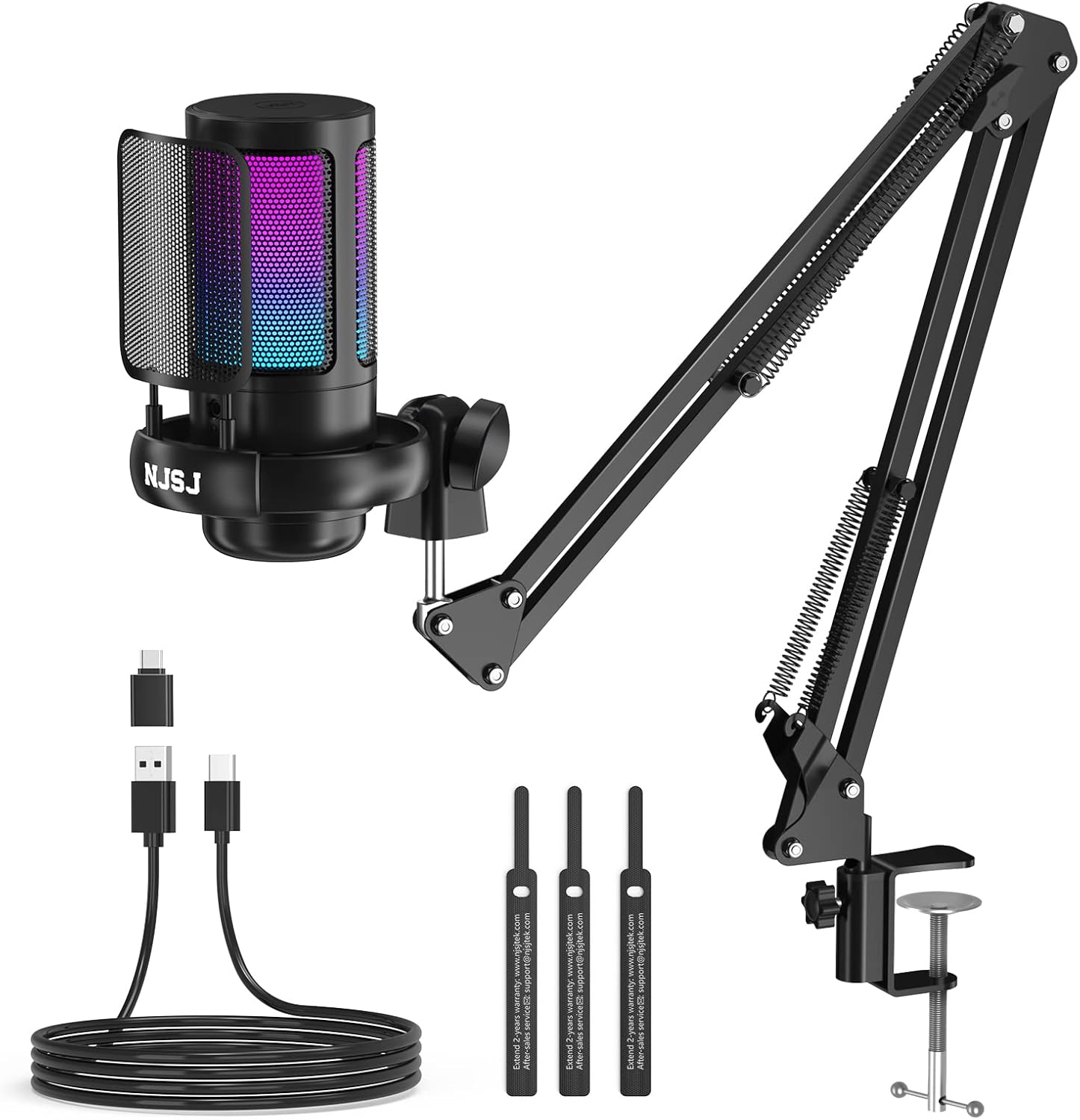 NJSJ USB Gaming Microphone Kit for PC, RGB Condenser Microphone Podcast Mic with Monitoring Jack