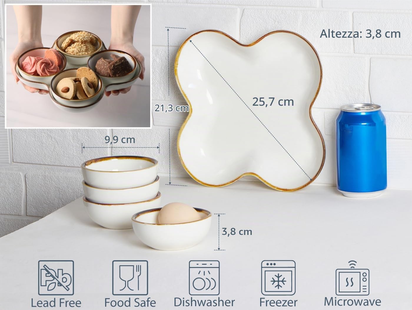 ONEMORE Snack in Porcellana da Servire Set, Vassoio per antipasti con 4 ciotole estraibili, per salse, snack, antipasti e dessert