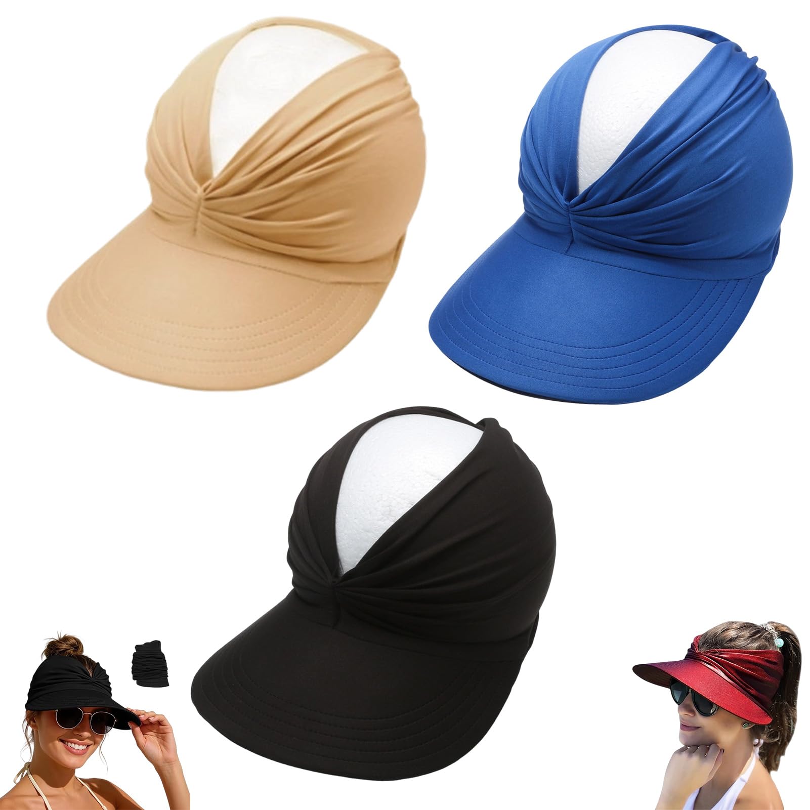 Fjaldjfu Women's 3Pc-C Upf 50+ Uv Protection Sun Visor Hat, Wide Brim Quick Dry Foldable Summer Sun Hats, Beach Hats For (3Pc-C)