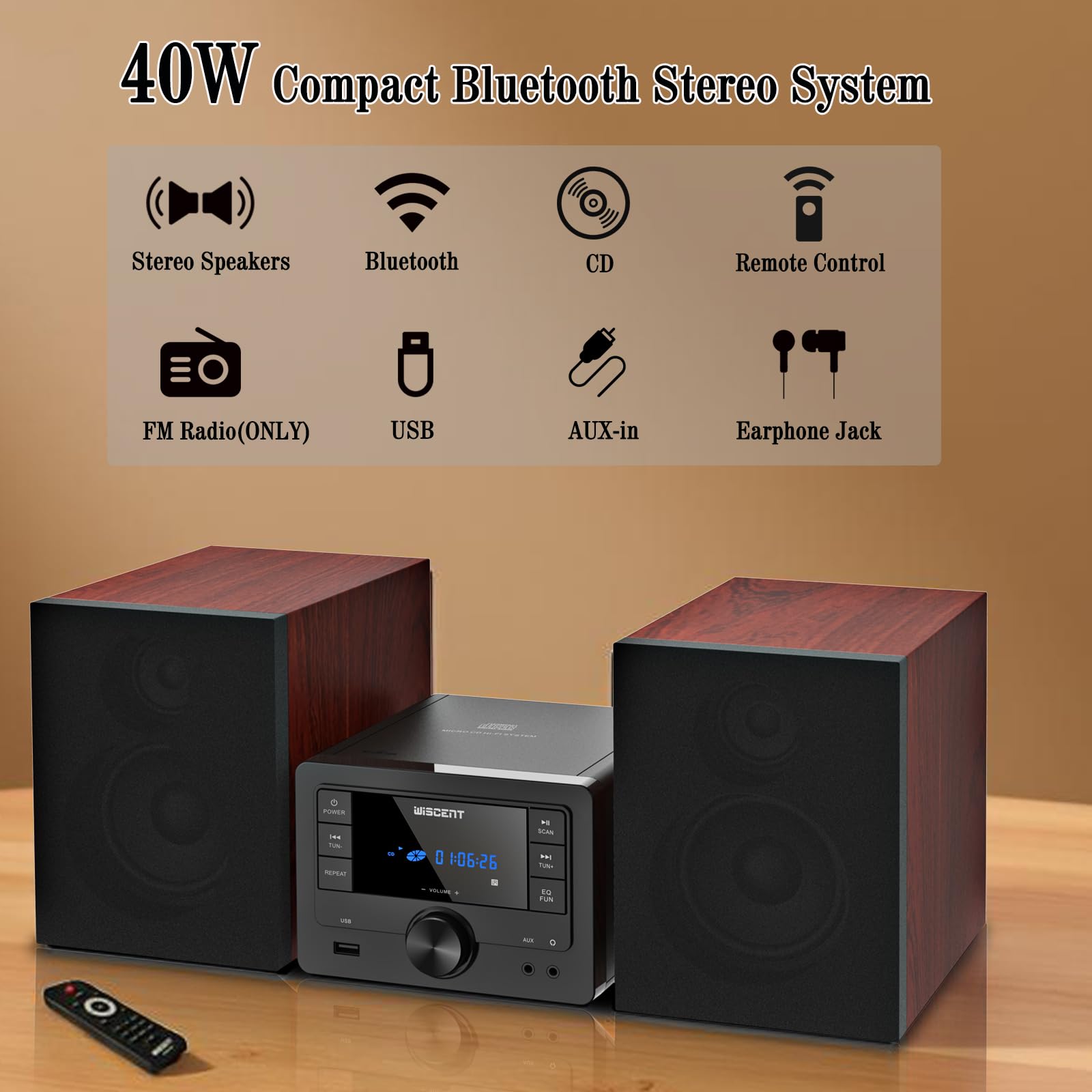 Micro Chaine HiFi avec Lecteur CD - Système Stéréo Bluetooth 40W, Radio FM, USB MP3, Entrée AUX, Enceintes Bibliothèque - Mini Chaine HiFi CD USB Bluetooth Compacte