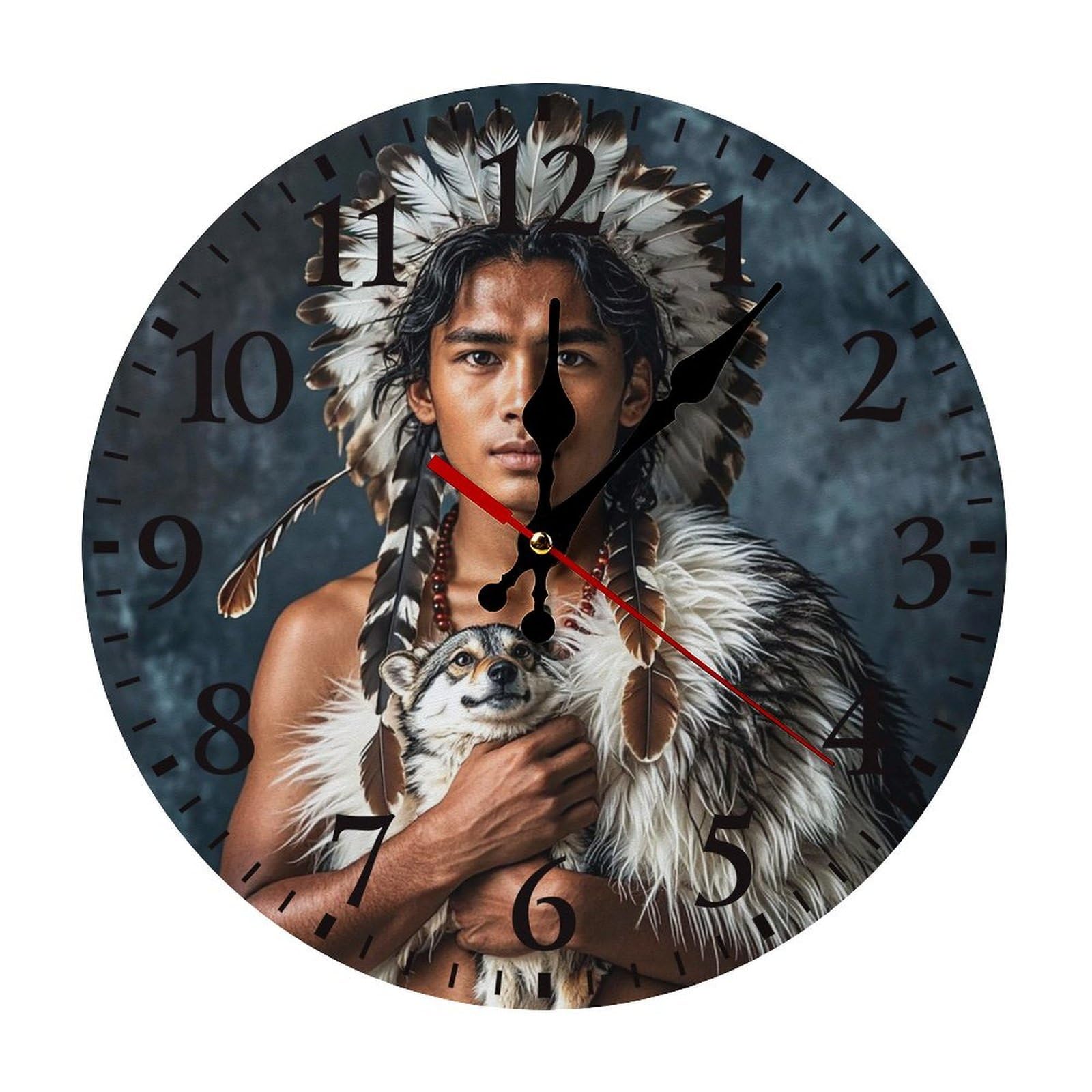 QMNLKH Indigenous People and Wolves Wall Clock for Home, Battery Operated Clock for Hotel, Round Wall Clock with Arabic Numerals Black, Easy to Read, Non-Ticking Clocks for Living Room 30 * 30cm