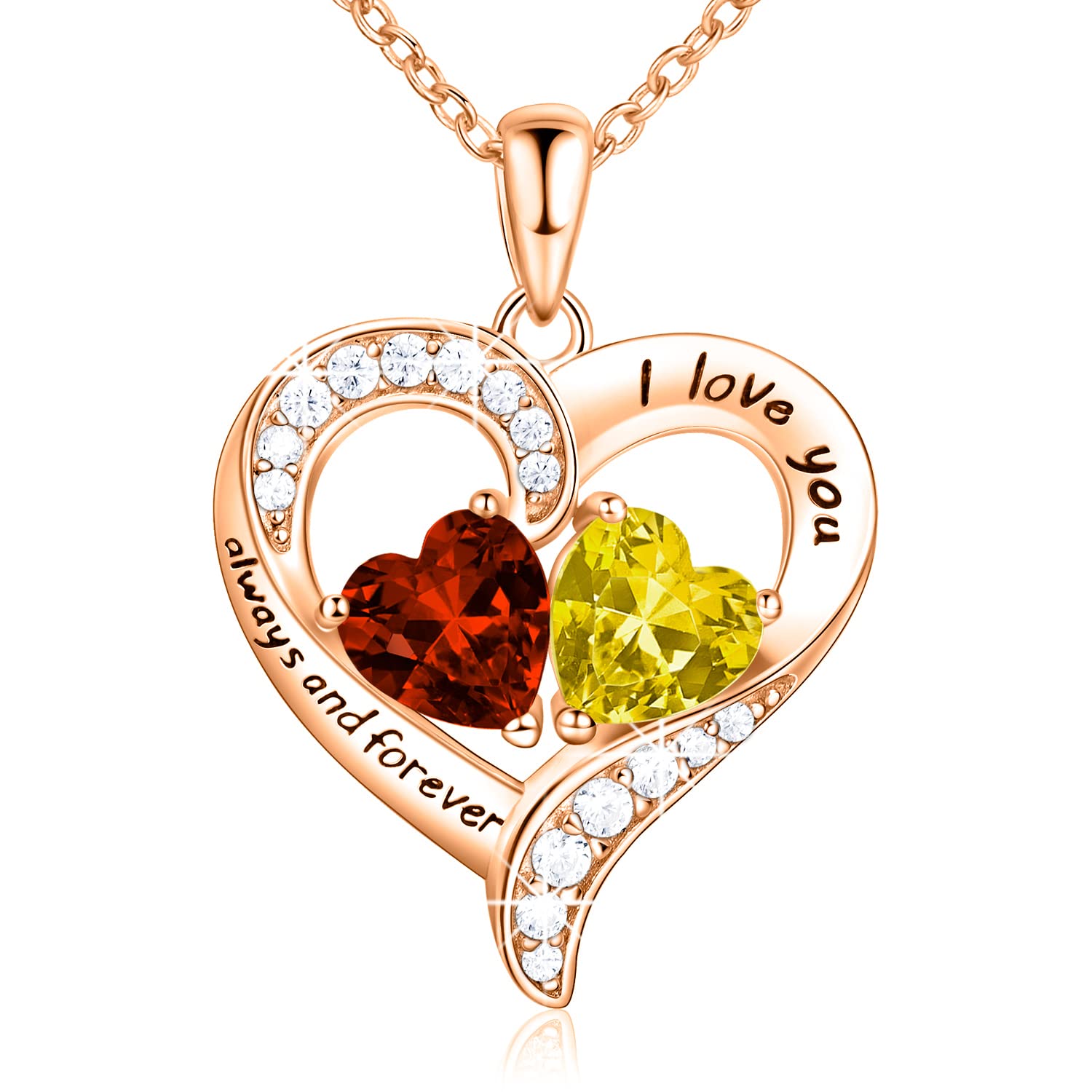 LOLA CLORIS 18K Rose Gold Heart Necklace, Jewelry for Women with 2 Birthstones, Customized Gifts for Mom Wife, I Love You Always and Forever, Gold,