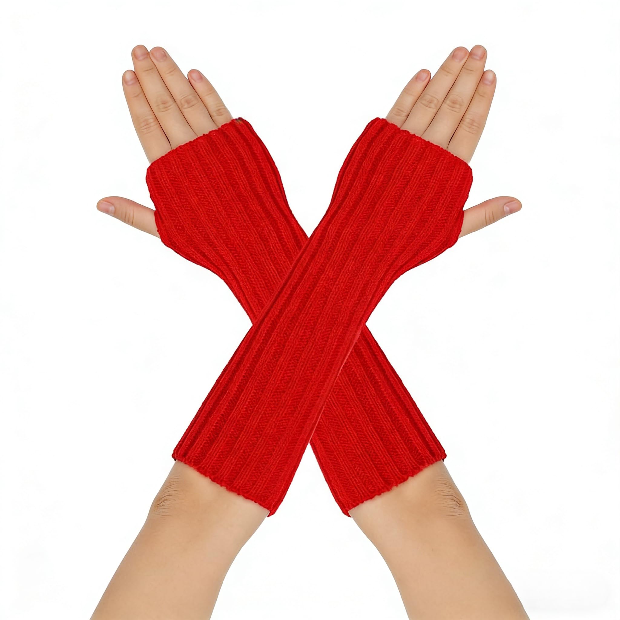 LSYZHX Knitted Wrist Warmers Womens, Knitted Fingerless Gloves, Winter Thumbhole Gloves for Women (RED)