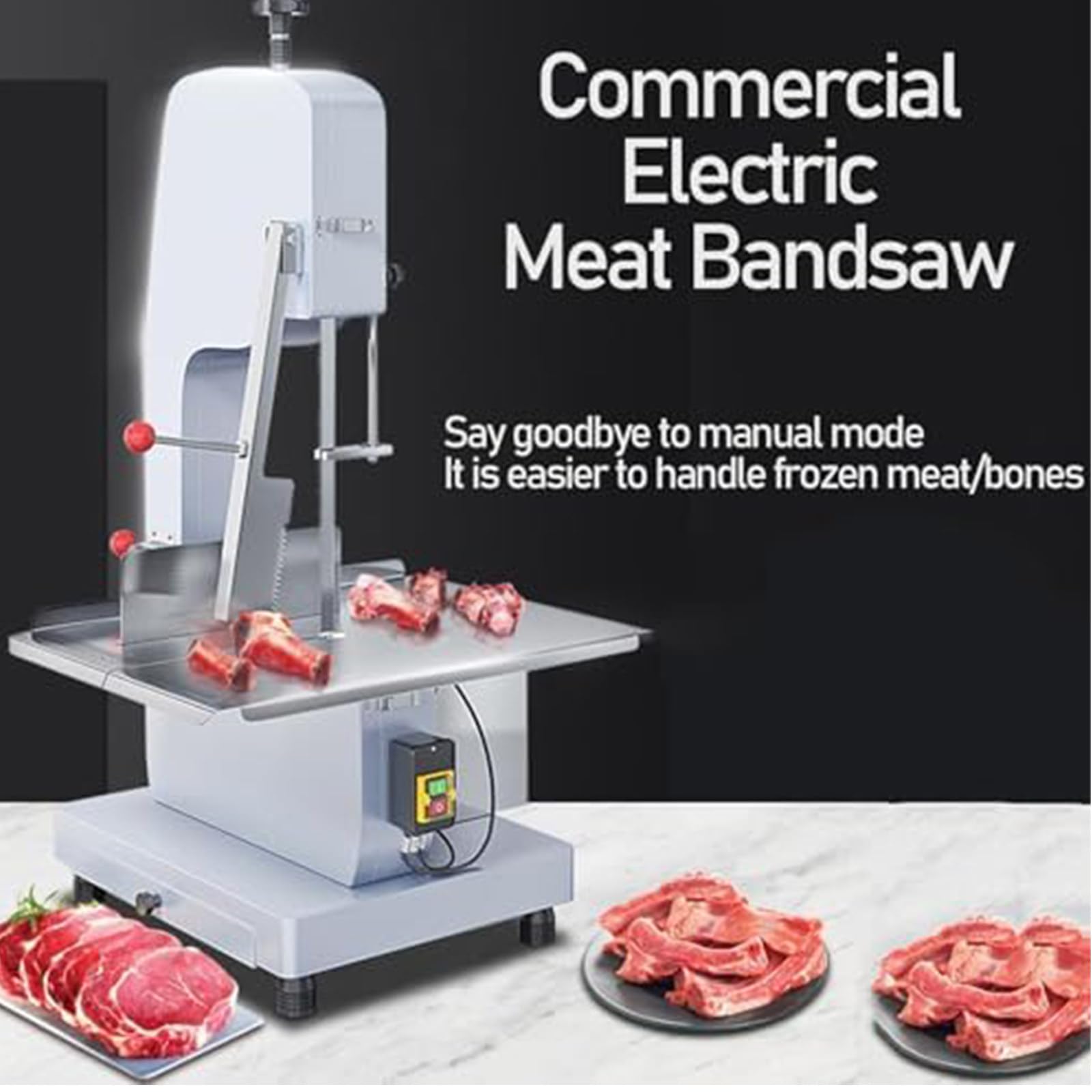 Sega a Nastro per Il Taglio della Carne, Sega Elettrica per Ossa da 750 W per Macellazione con Banco da Lavoro in Acciaio Inossidabile da 47 X 32,5 Cm, Spessore di Taglio da 0 a 13 Cm