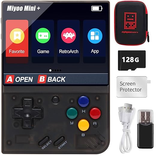 Console de jeu portable Miyoo Mini Plus avec étui de rangement, 3,5 pouces rétro vidéo rechargeable, émulato, carte TF 64 Go intégrée et plus de 10 000 jeux.