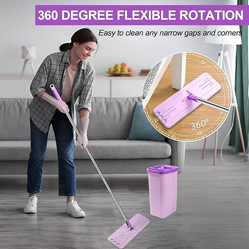 Miniatura 5 de Trapeador y cubo con juego de escurridor, trapeador de piso plano manos libres y cubo, 5 almohadillas de microfibra lavables incluidas, uso húmedo y