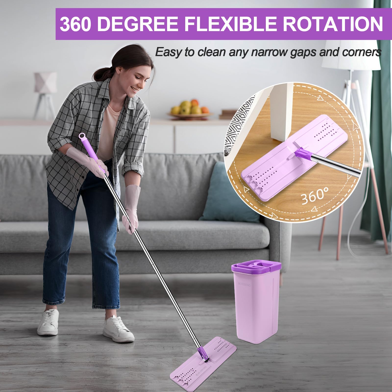 BOSHENG Juego de fregona y Cubo con escurridor, fregona Plana Manos Libres y Cubo, 5 Almohadillas de Microfibra Lavables Incluidas, Uso en húmedo y seco, Sistema de Limpieza de Suelos para Todo Tipo