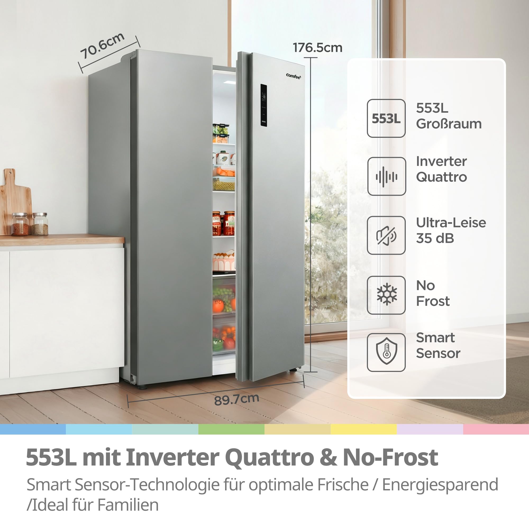 Comfee Side-by-Side Kühl-Gefrierkombination 553 L No Frost 35 dB Multi-Air-Flow Platinum Fresh Sensor SuperCool Titan-Grau RCS536LS01EU