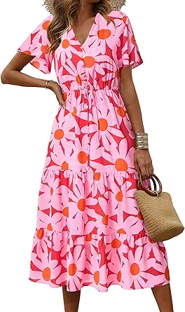 PRETTYGARDEN Summer Floral Dress for Women 2025 Casual Boho Short Sleeve Maxi Dresses V Neck Tiered Flowy Beach Sundress