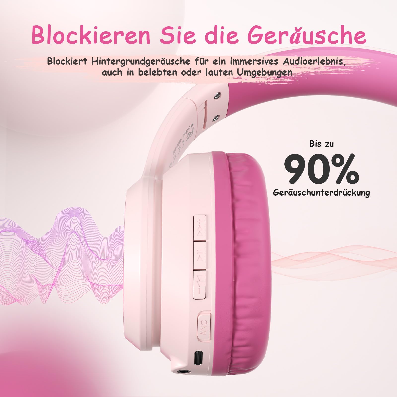 TONOSHARK Bluetooth Kopfhörer Kinder | Noise Cancelling Kinder Kopfhörer | Over-Ear Kinderkopfhörer Bluetooth Kabellos Mit Mikrofon | 60h Spielzeit (Rosa) - Für Schule/Reisen | Inkl. Tragetasche