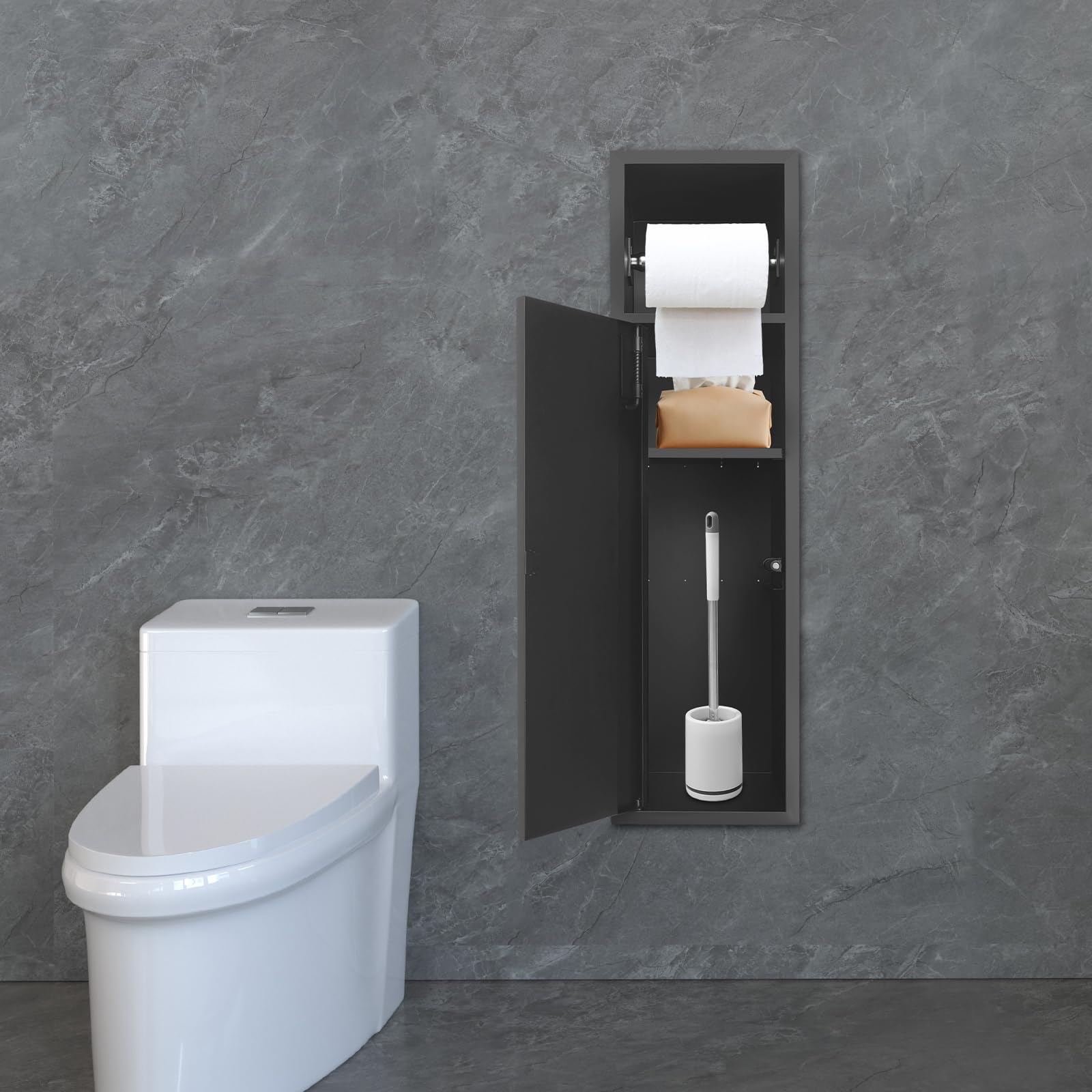 Módulo de armario empotrado, 63 x 15 x 15 cm, acero inoxidable, mueble de baño con portarrollos y puerta de armario, nicho de ducha empotrado para cocina, salón, hotel (negro)