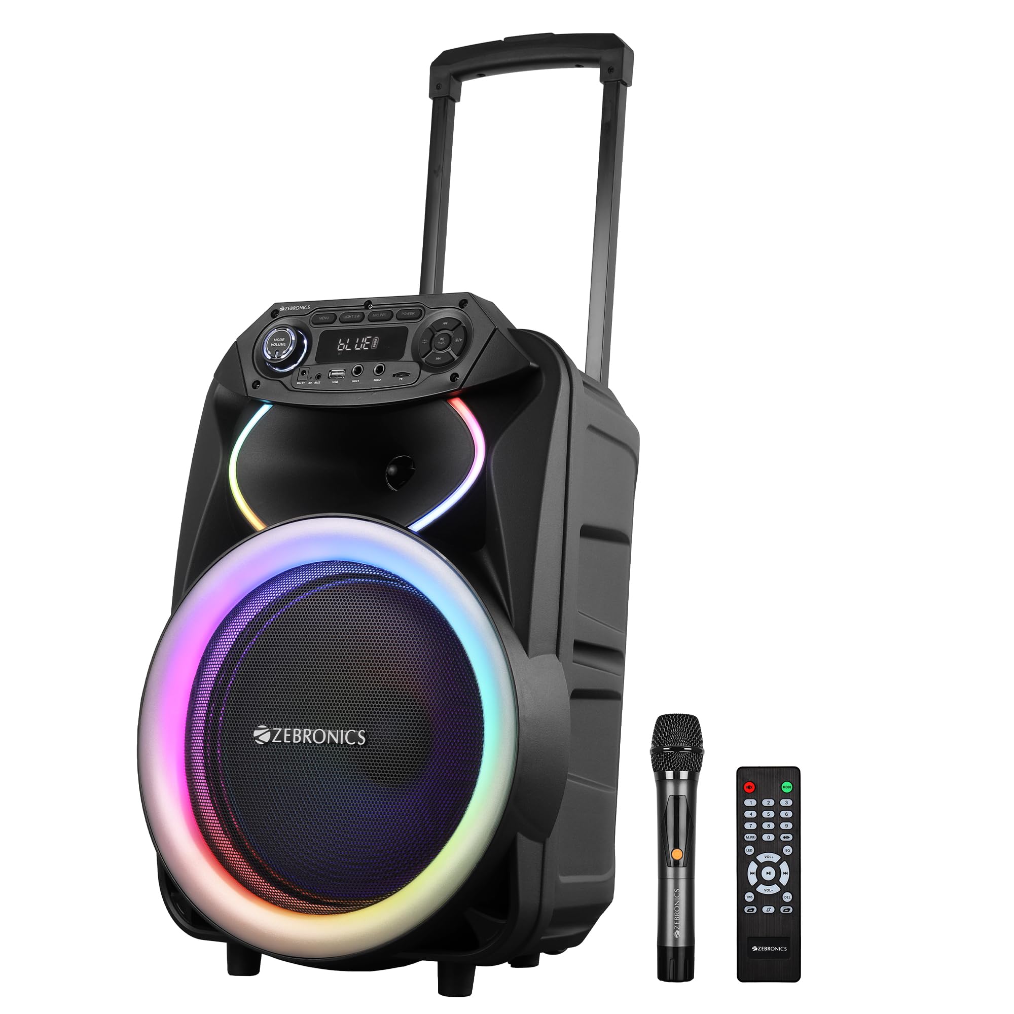 ZEBRONICS GINOX Party Trolley DJ Speaker, 80W, Upto 7h Battery, Karaoke, BT v5.3 | TWS | USB | mSD | 2X Mic Input | Aux | FM, RGB LED, 12" Full Range Driver, Included UHF Wireless Mic
