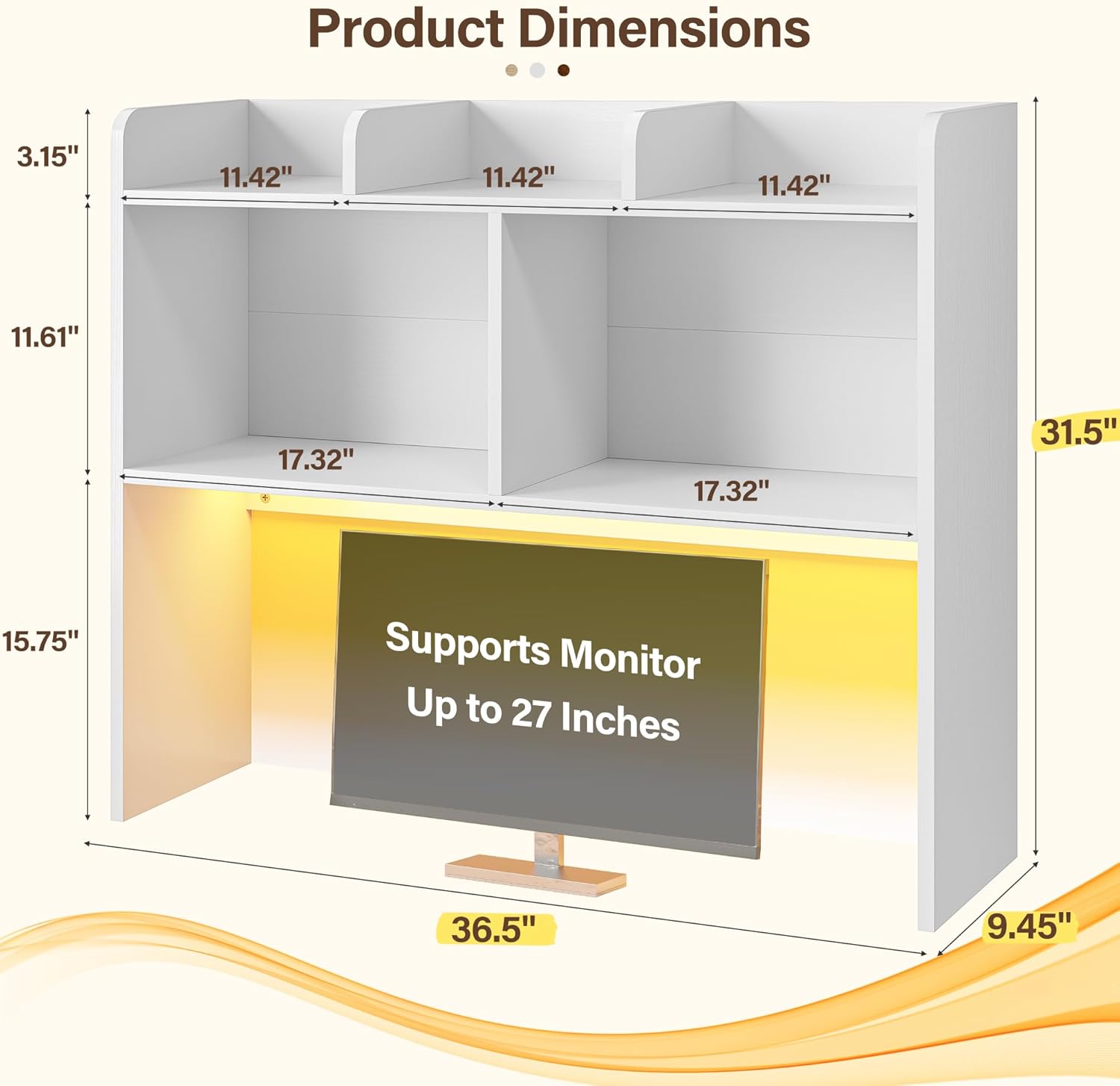 REIBII Desk Hutch Dorm for Computer Monitor Up to 27", Dorm Desk Hutch Top Only with RGB Light Strip, Wooden Desktop Bookshelf with 6 Shelves, 3-Tier Desktop Shelf for Home Office Dorm, White