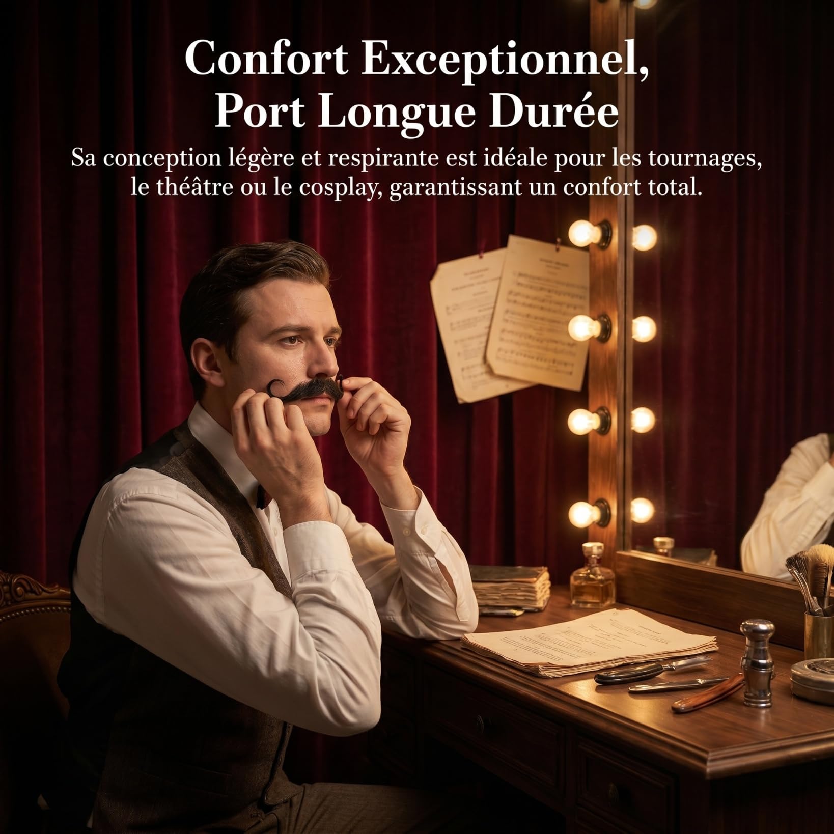 Fausse Barbe Homme - Vrais Cheveux Humains Faits à la Main, Moustache Réaliste Invisible pour Maquillage Cinéma Cosplay Déguisement, Postiche Faciale Respirante Noir