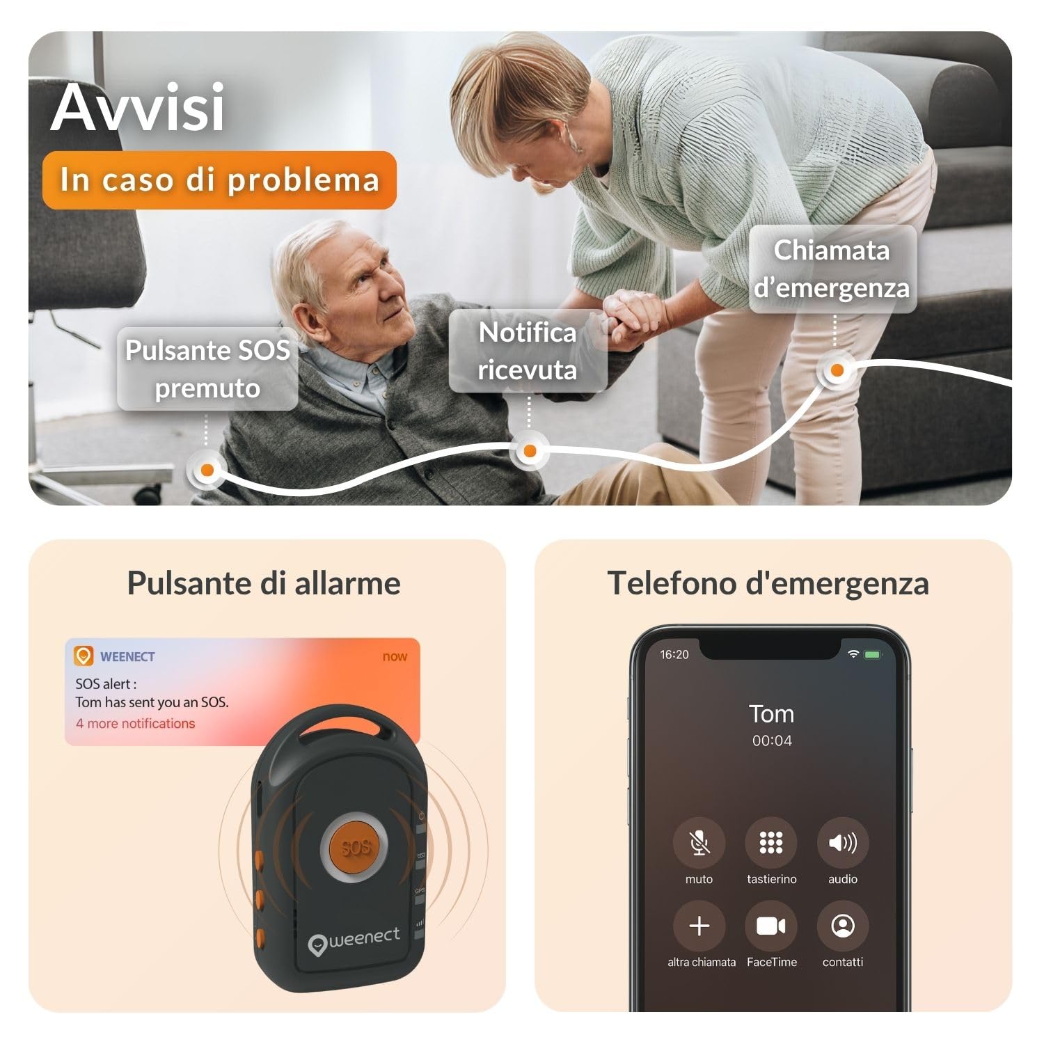 Weenect - GPS per anziani | Senza limiti di distanza | 7 giorni di autonomia | Pulsante di allarme | Telefono di emergenza | 2G | Funziona con abbonamento