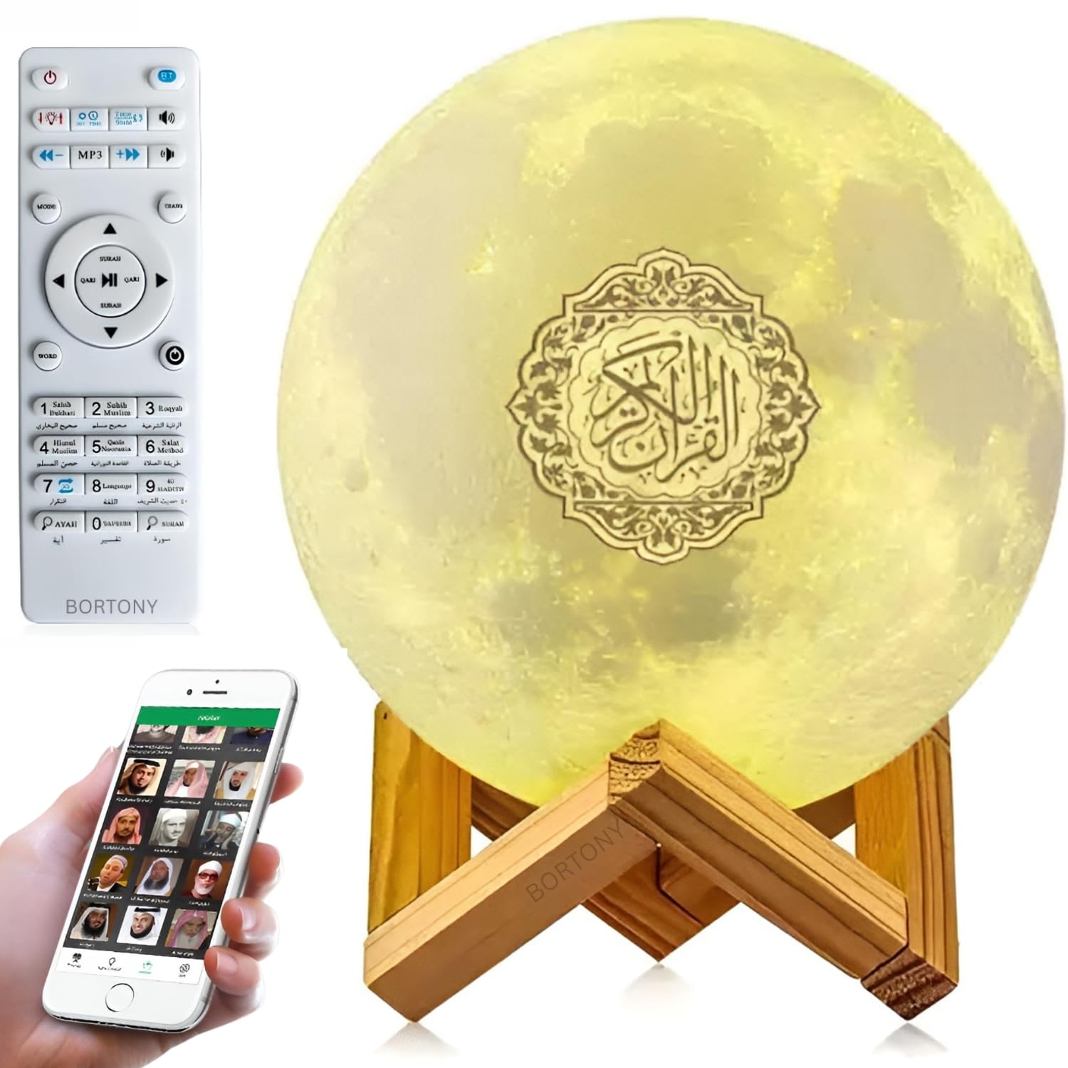 Moon Lamp Quran Speaker SQ510, 16 Colors LED Night Light Bluetooth Portable Quran Speaker, Remote and App Control, 8GB Memory, Quran Recitations and Translations, Ideal Gift for family