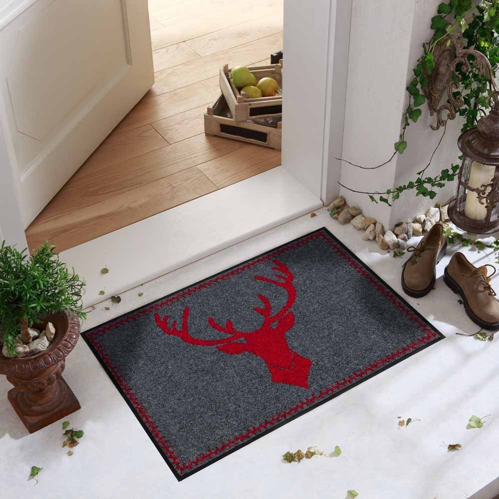 Salonloewe Fußmatte Hirsch-Kopf rot Jagd Landhaus Sauberlauf Abtreter Fuss-Matte aussen + innen 50x75cm rot