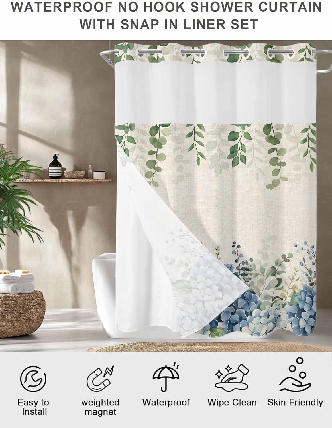 Spring Hydrangea No Hook Shower Curtain with Snap in Liner Blue Flower Green Leaf Vintage Linen Plant Shower Curtain for Bathroom, Fabric Waterproof Inner Liner with Mesh Top Window, 48x72