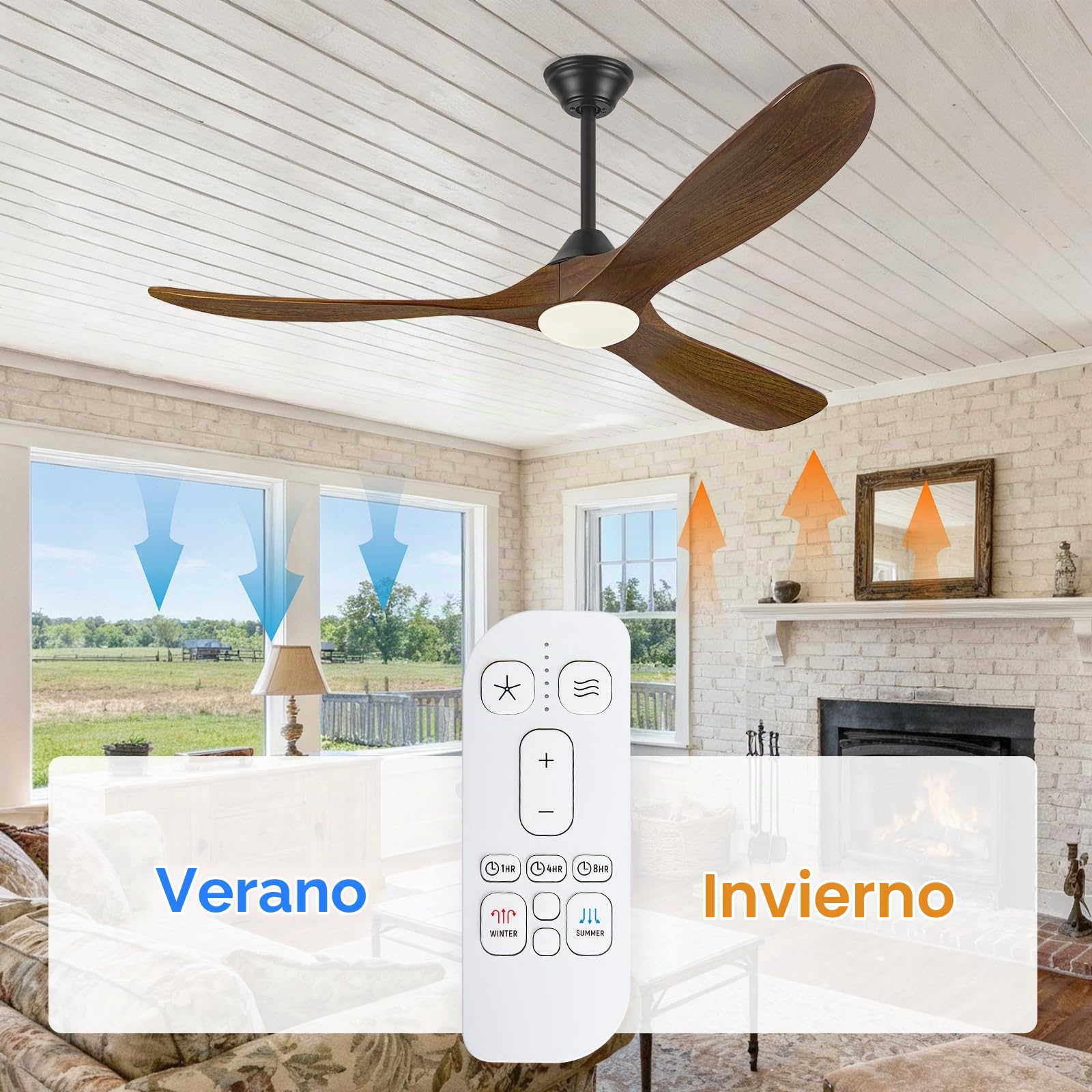Ventilador De Techo De Madera De 178 Cm, Ventilador De Techo Exterior De 3 Aspas Con Luz, Control Remoto, Interior De Cc Silencioso Moderno, Temporizador De 6 Velocidades, Con 3 Barras Para Colgar