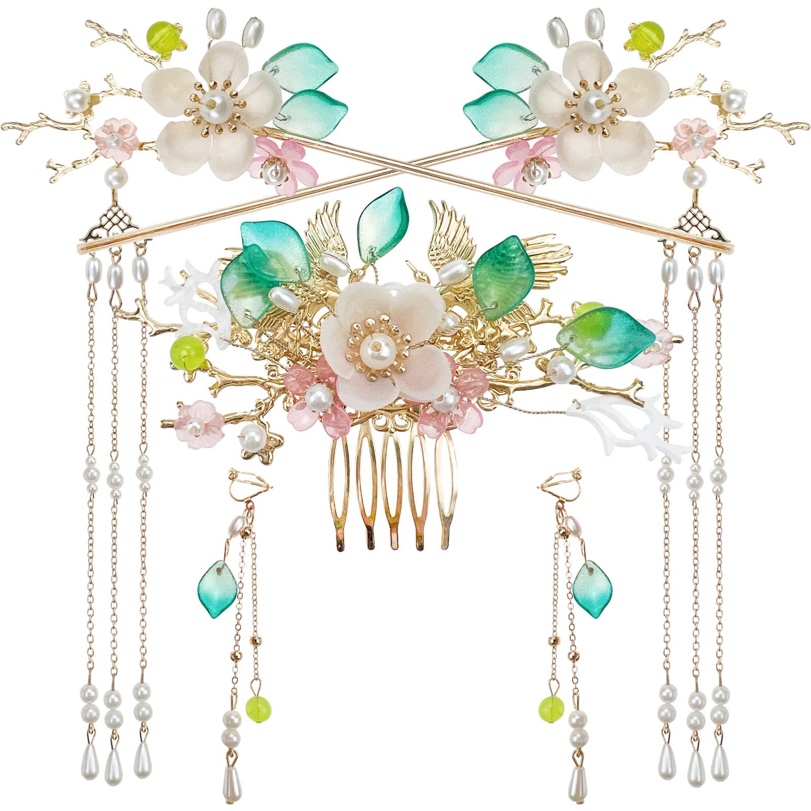 5PCS Traditional Chinese Hanfu Hair Accessories Set, Pearl Crystal Flower Hairpins with Hanging Tassels, Gold Blue Green