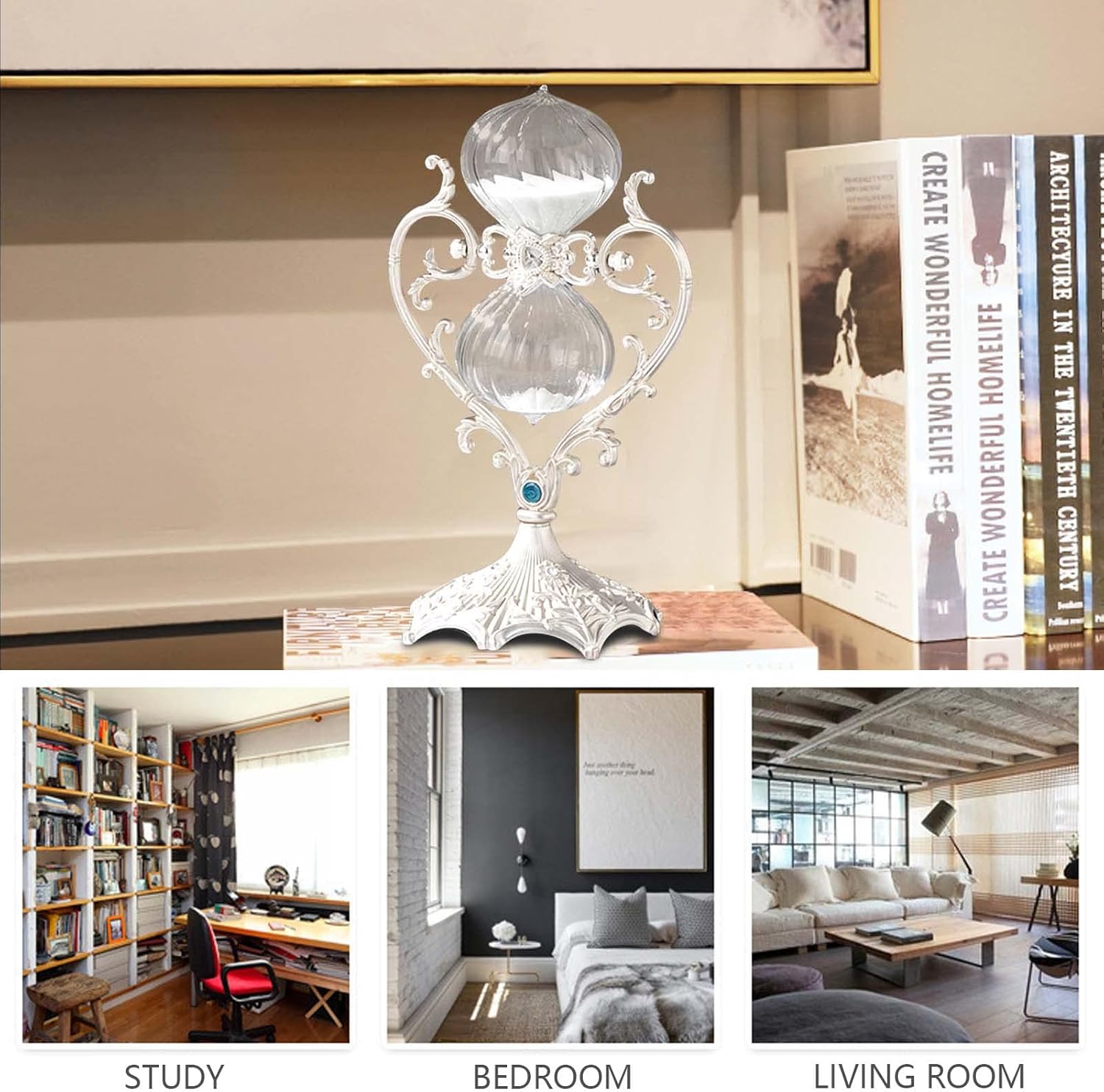 Hourglass Sand Timer Decorative,360° Rotating Metal White Sand Watch 30 Min,Antique Hour Glass Decor for Office Desk- Crafts,Ornaments (White Sand)