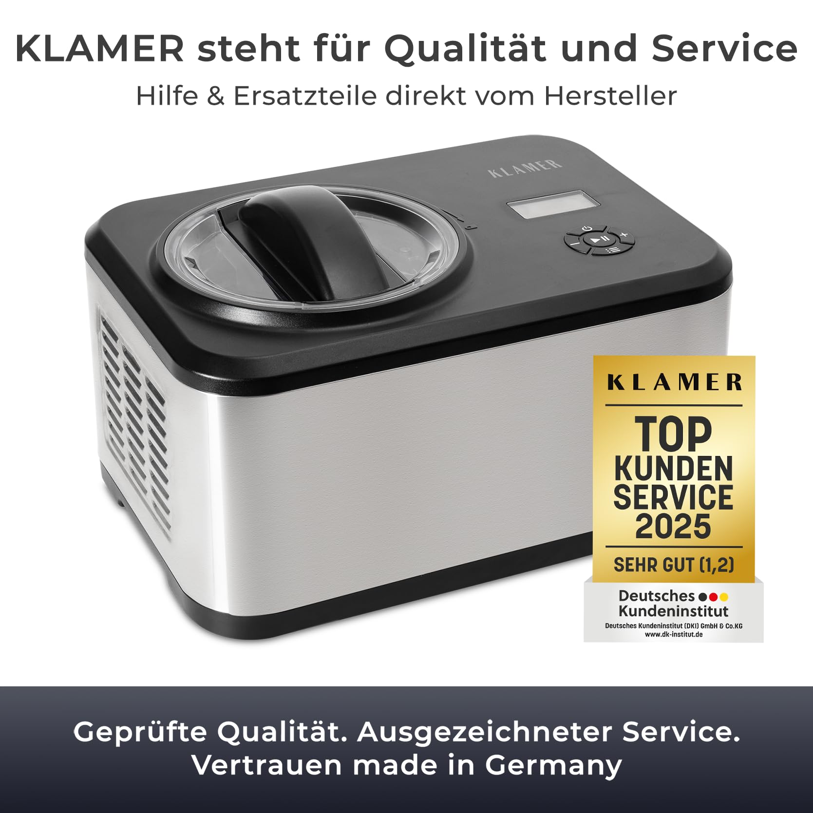 KLAMER Eismaschine 1,5L, 120 W Eiscrememaschine aus Edelstahl mit Kühlfunktion, hausgemachtes Speiseeis mit selbstkühlendem Kompressor, mit digitalem Rezeptbuch