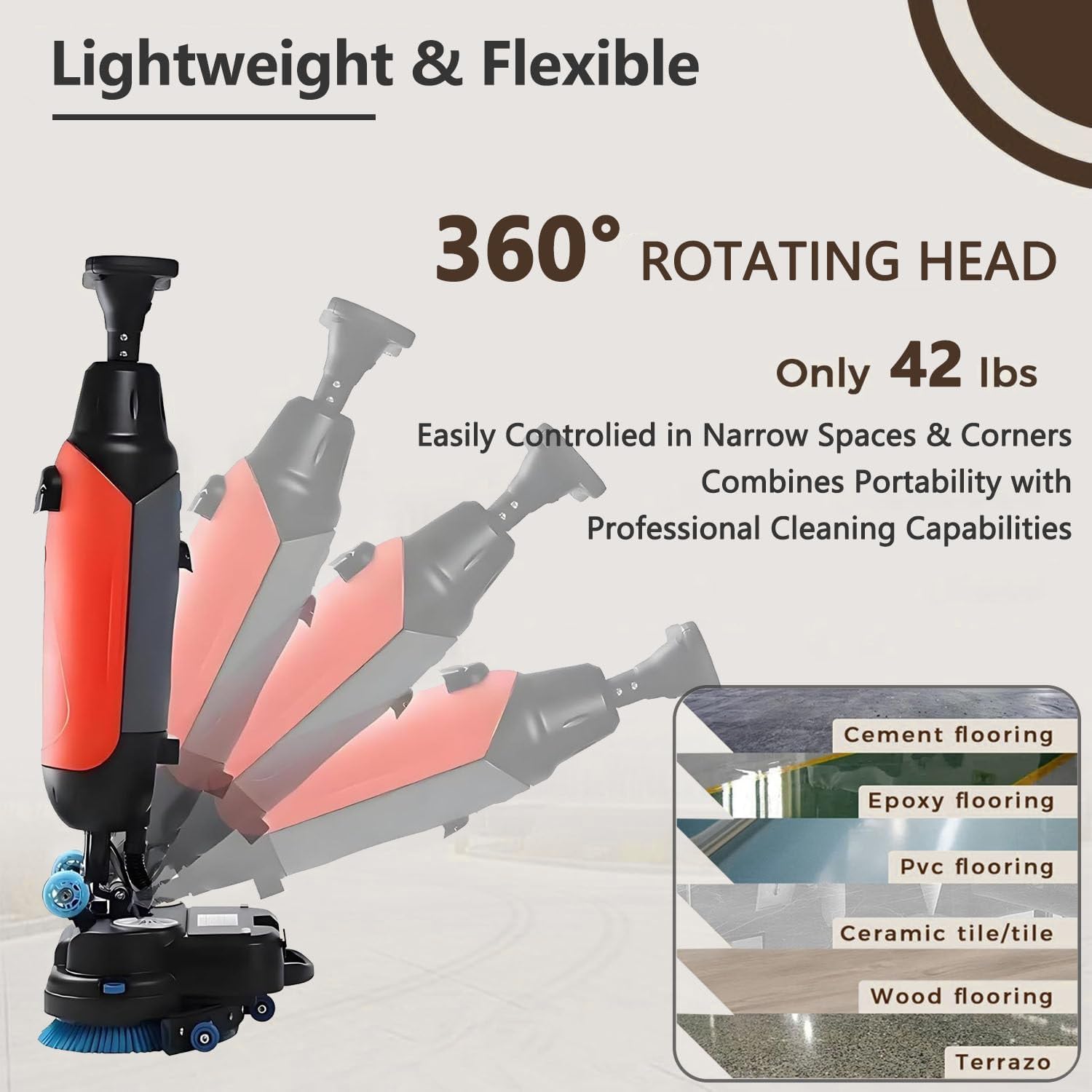 Fregadora de Suelos Portátil Comercial de 43 cm de Ancho de Limpieza, Mini Máquina para Suelos, Limpieza Eficiente, para Suelos de Madera, Baldosas, Terrazo, Mármol y Cemento, Fregadora