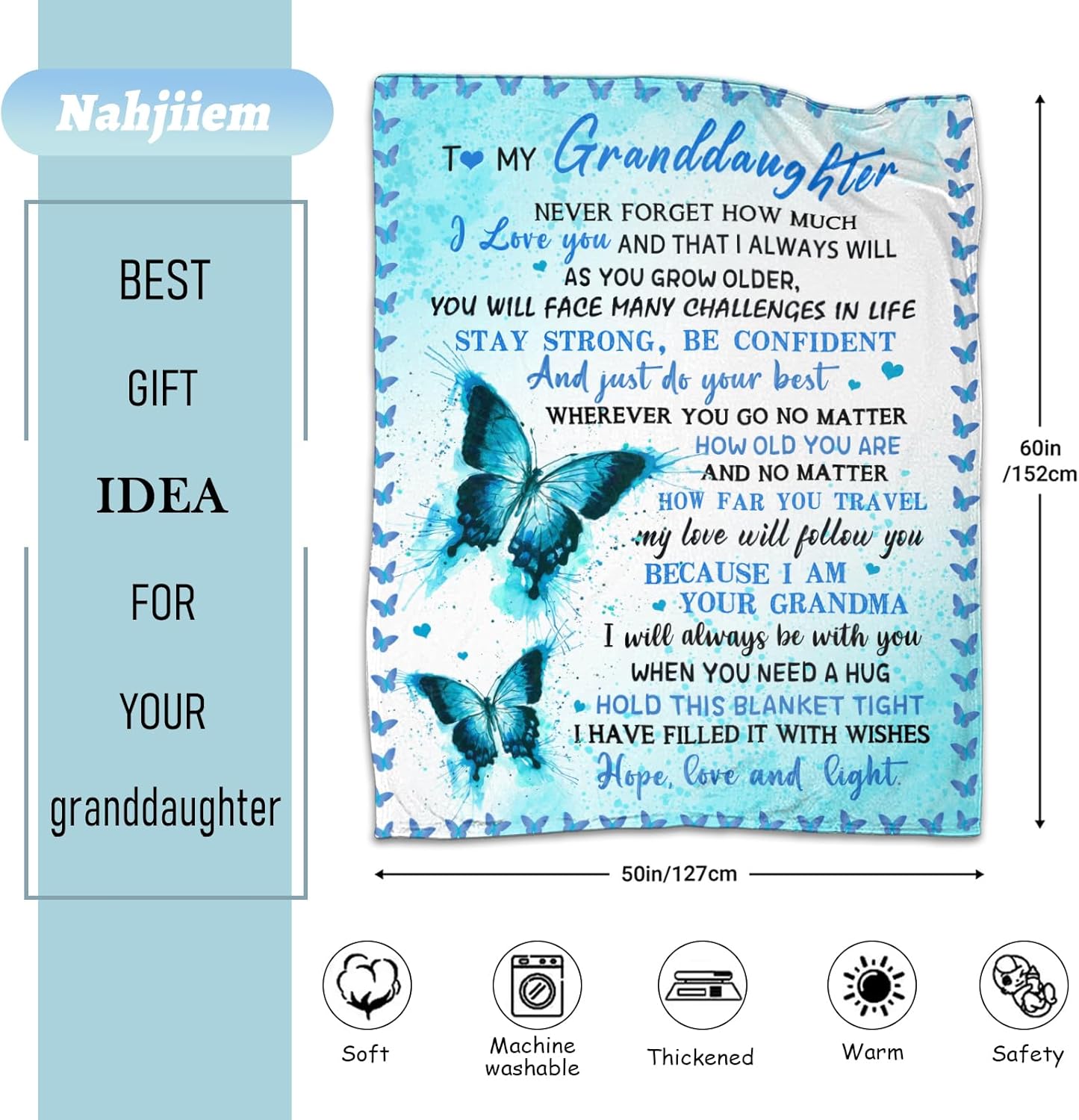 to My Granddaughter Gifts from Grandma Throw Blankets, Gift for Granddaughter Birthday Graduation Gifts Idea, Granddaughters Butterfly Flannel Soft Blanket Throw 50"x60" - Image 2